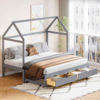 MODFU Kinderbett Ausziehbares Stauraumbett (mit Schubladen und Lattenrost, Bett aus Kiefernholz mit Stauraum), ohne Matratze