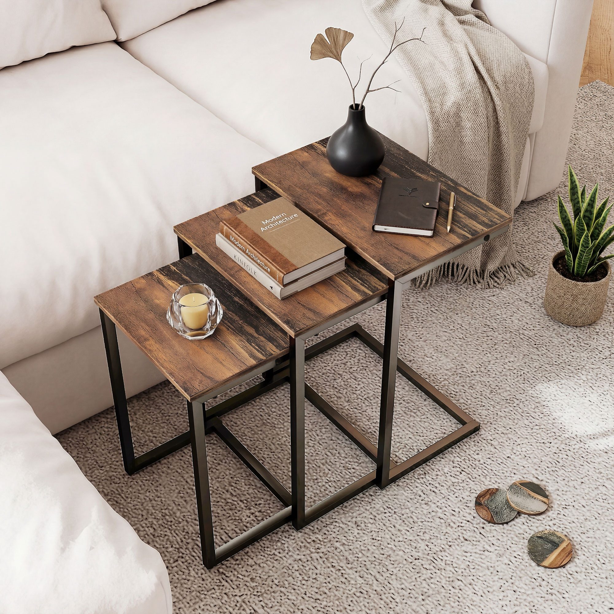 HOMCOM Beistelltisch 3er-Set Couchtische, Industriedesign für Wohnzimmer (Schreibtisch, 3-St., Couchtische), Rustikal-Braun Spanplatte, Stahl