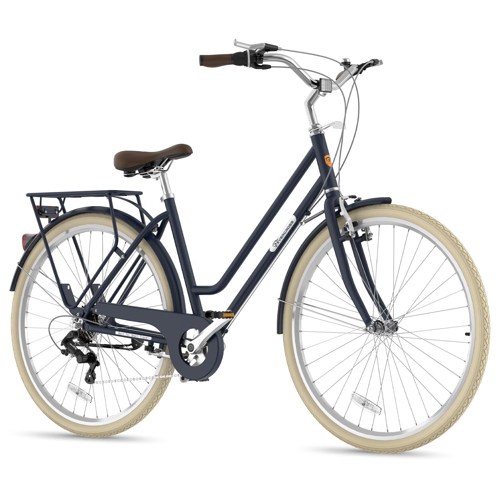EVERCROSS TECH Cityrad EM10 28-Zoll Stadtrad mit Shimano 6-Gang-Schaltung, Komfortabler Tiefeinsteiger, Frontkorb, solarbetriebenes Rücklicht.