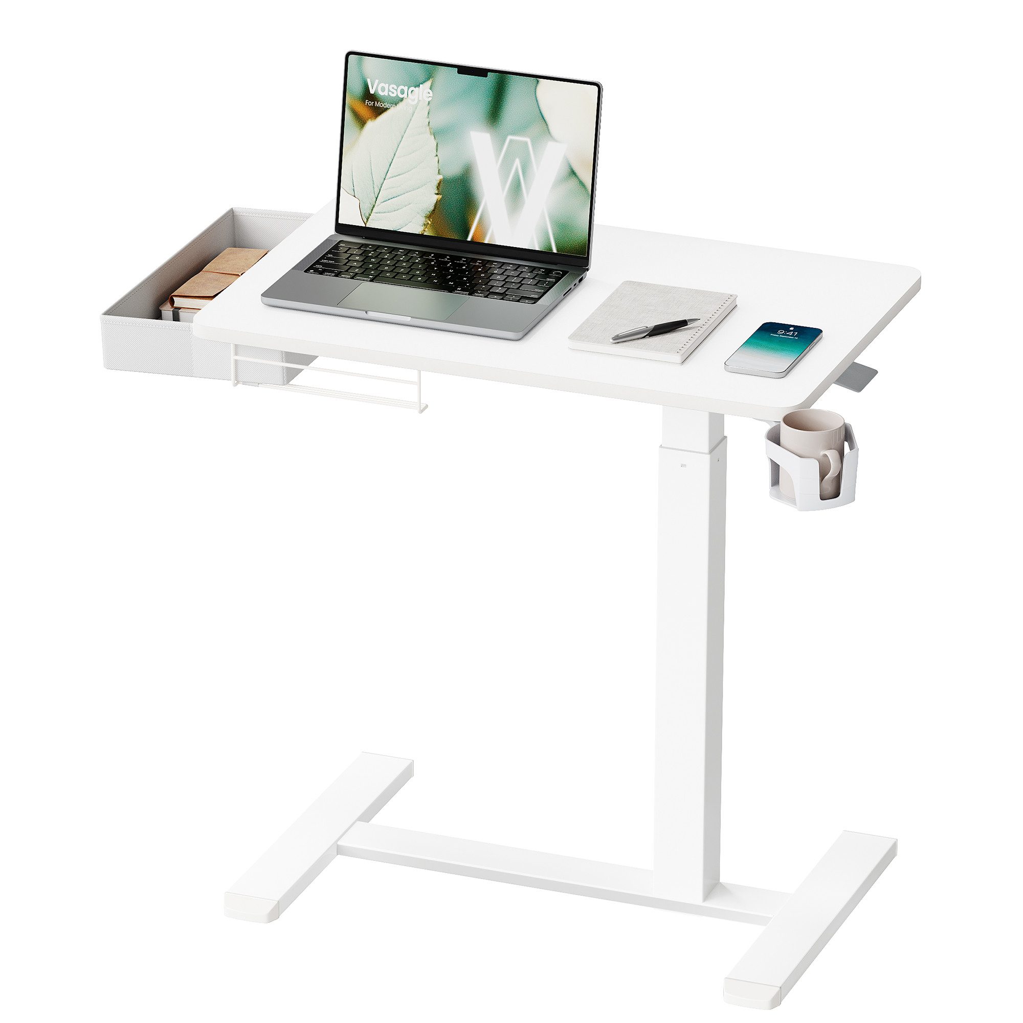 VASAGLE Schreibtisch Höhenverstellbarer Schreibtisch Laptoptisch mit Schublade und Rollen, 70 x 45 cm Für Schlafzimmer und Wohnzimmer mit Getränkehalter