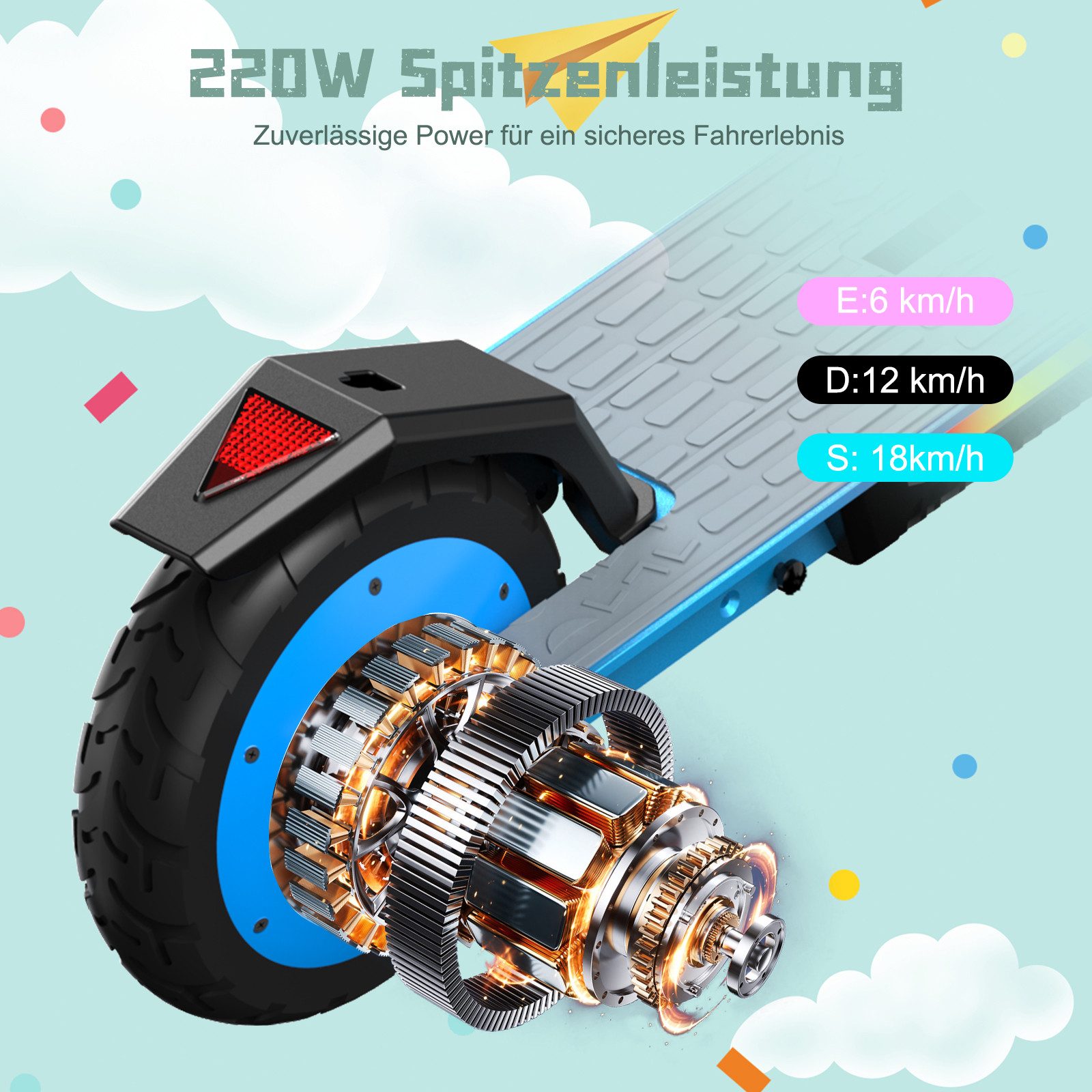 RCB Elektro-Kinderroller R12 MAX,Vorderradfederung,7''Vollgummireifen,höhenverstellbar 96-110cm, Belastbarkeit 60 kg, Schwingarm-Federung,Faltmechanismus mit zwei Sicherheitsverriegelungen