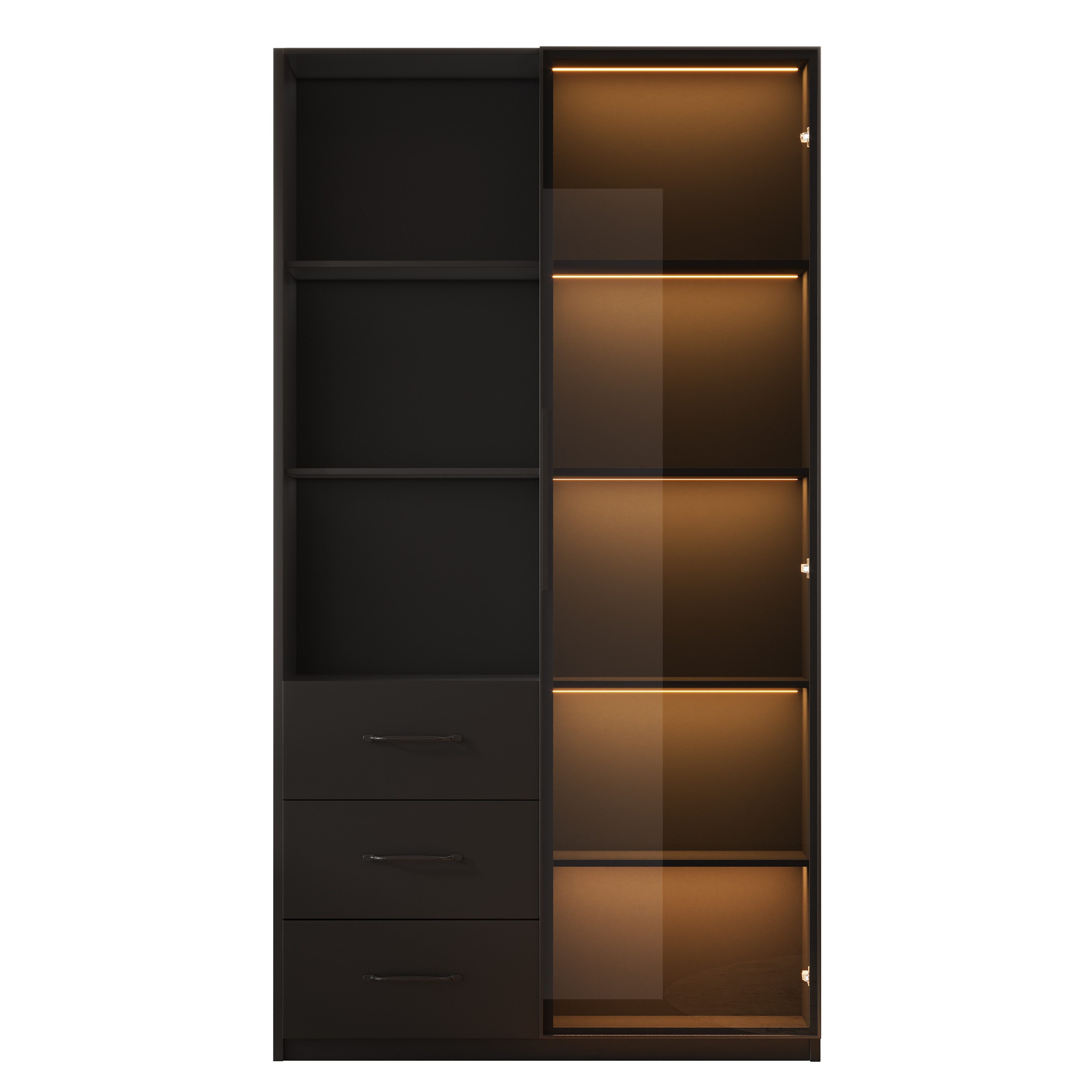 Flieks Vitrine Glasvitrine mit LED-Beleuchtung, Glastüren und Schubladen (80x40x160 cm, 1-St., Schrank für Wohnzimmer, Arbeitszimmer, Schlafzimmer und Büro) Hochschrank Bücherschrank Küchenschrank mit 8 Fächern Schwarz