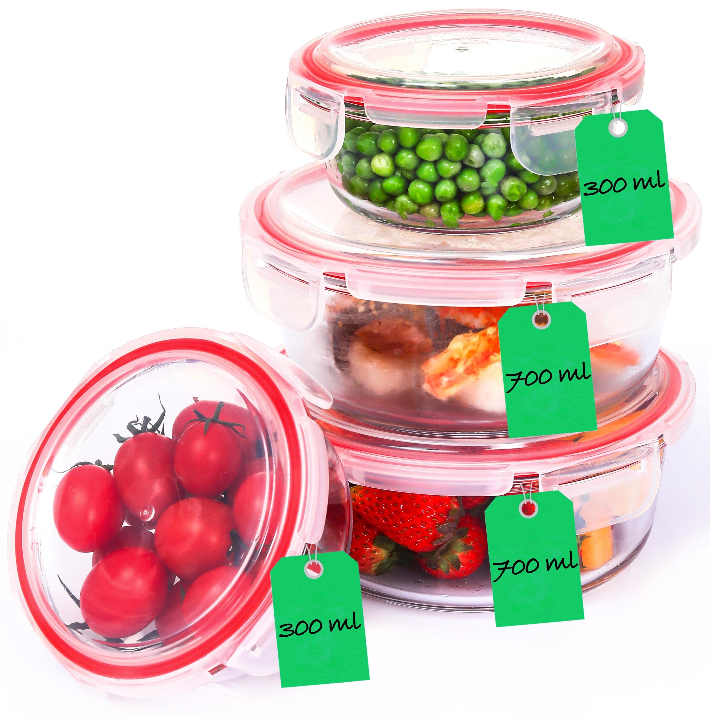 Praknu Frischhaltedose Glas Frischhaltedosen mit Deckel Rund, Glas, (Set, 4-tlg., 4 Behälter), 4er Set - Luftdicht - Spülmaschinenfest - Borosilikatglas