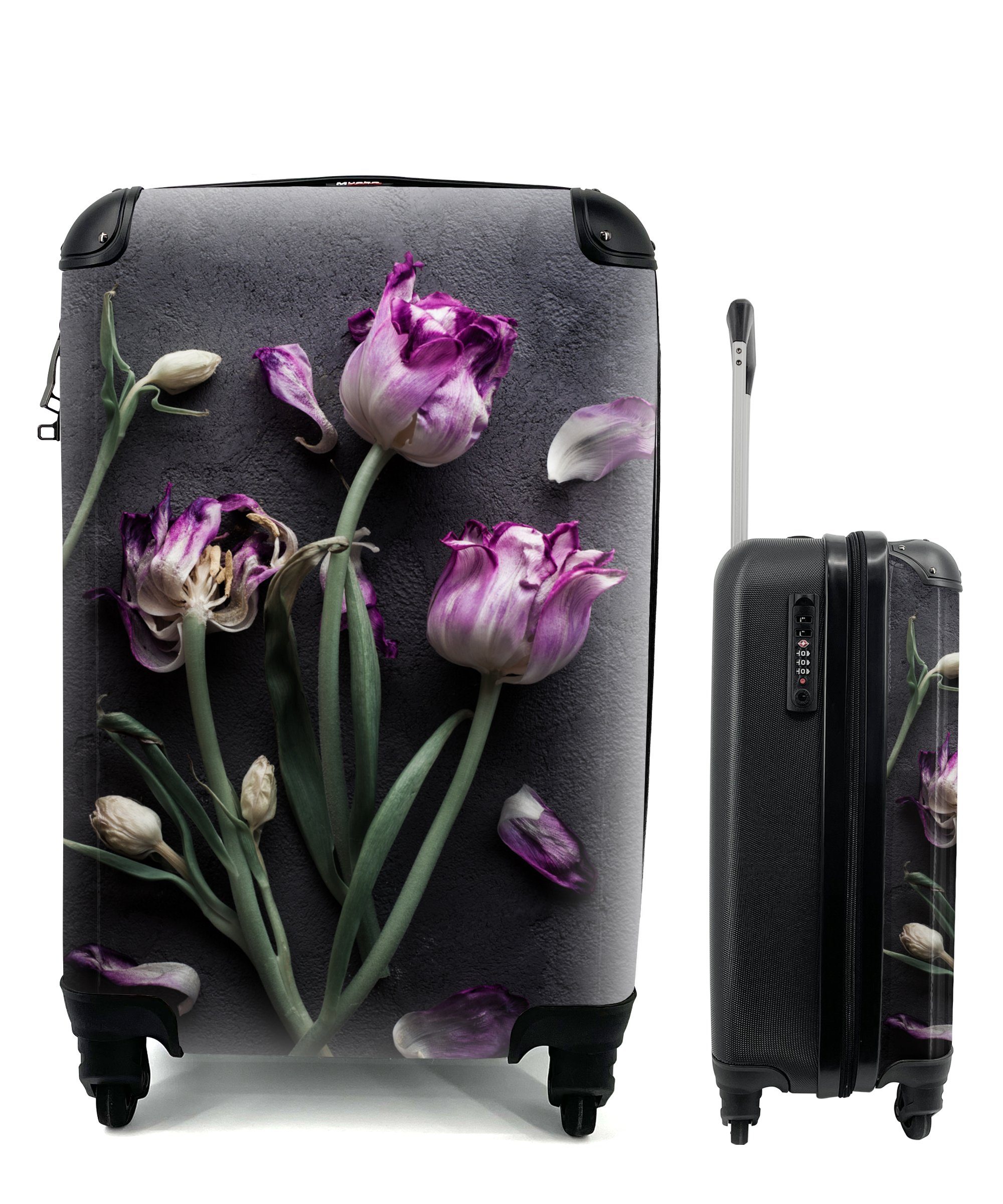 MuchoWow Handgepäckkoffer Tulpen - Lila - Blätter, 4 Rollen, Reisetasche mit rollen, Handgepäck für Ferien, Trolley, Reisekoffer