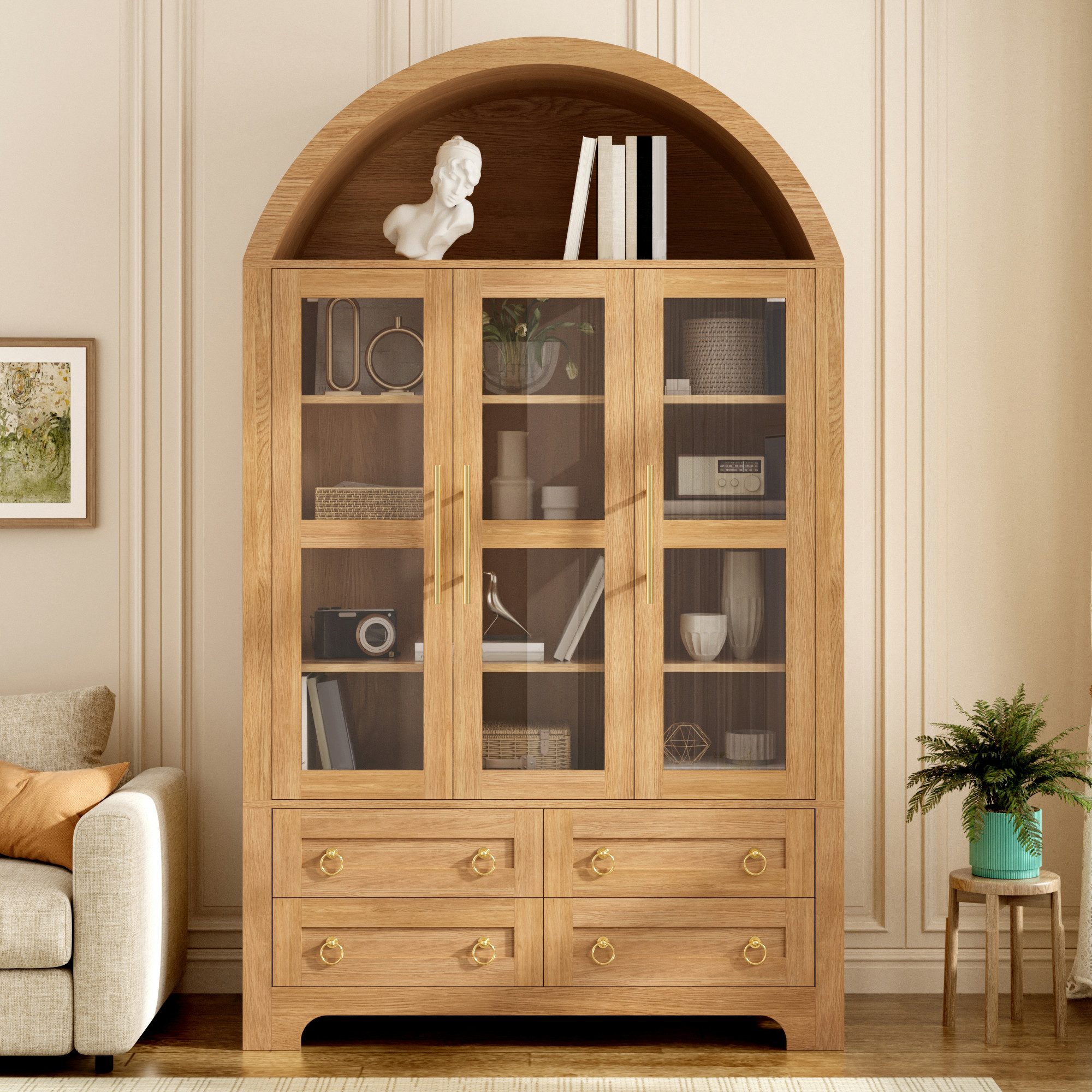 Merax Hochschrank Bogen-Mehrzweckschrank Glasvitrine mit Aluminiumgriffen (Anrichte Sideboard Aufbewahrungsschrank, 1-St., 110 L x 40 B x 185 H cm) Wohnzimmersc – Bild 3 von 5