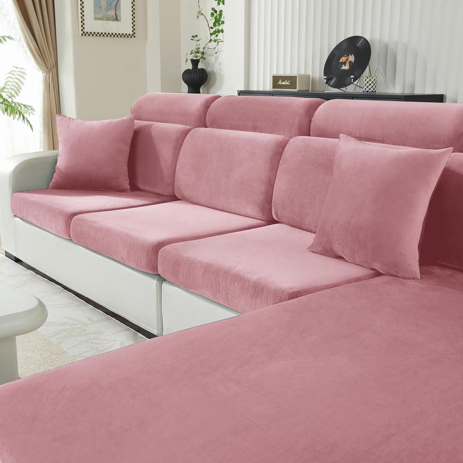 LuxusKollektion Sitzflächenhusse Sitzkissenbezug Samt Stretch rutschfest waschbar Rosa Großer 1-Sitzer