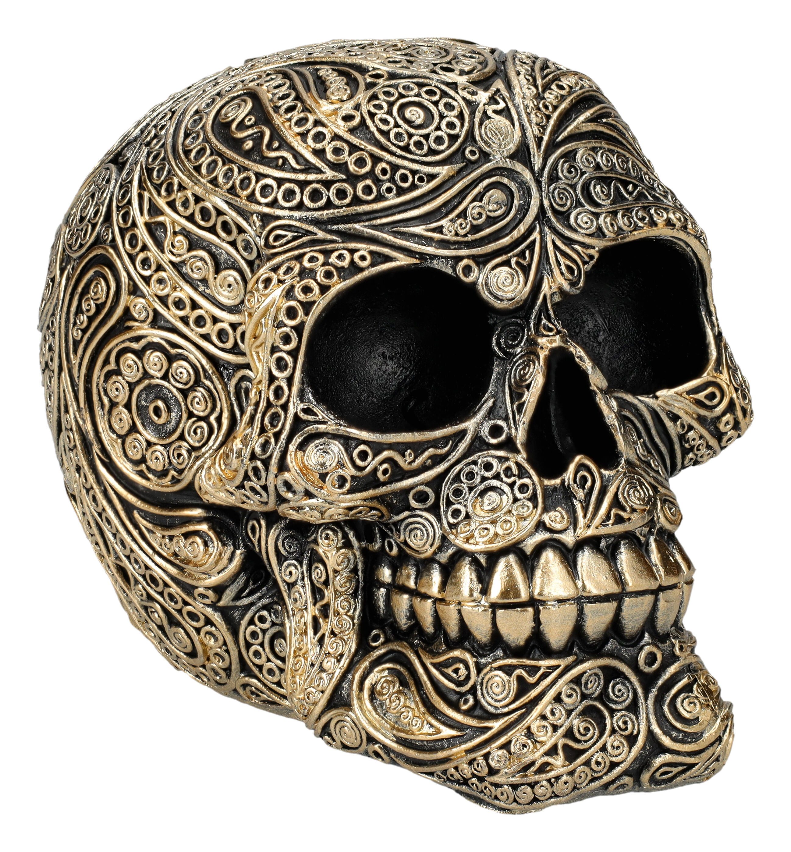 Figuren Shop GmbH Dekofigur Totenkopf Figur schwarz-gold - Paisley Totenschädel Gothic Dekoration