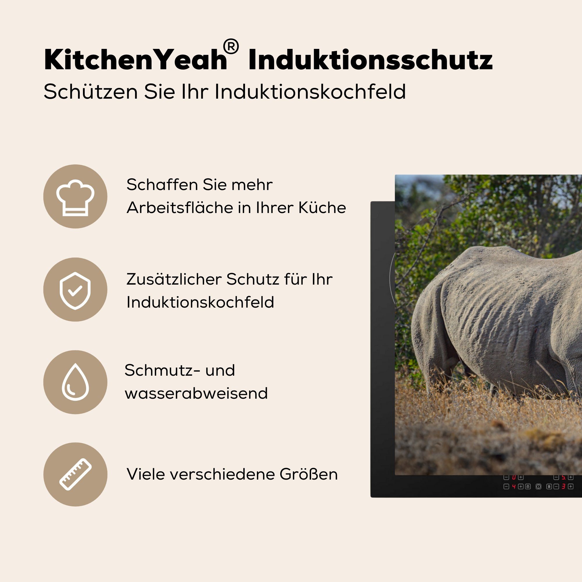 Induktionskochfeld Porträt Tiere, Rhinozeros Ceranfeldabdeckung tlg), 81x52 MuchoWow Herdblende-/Abdeckplatte die (1 für cm, küche, - - Vinyl, Schutz