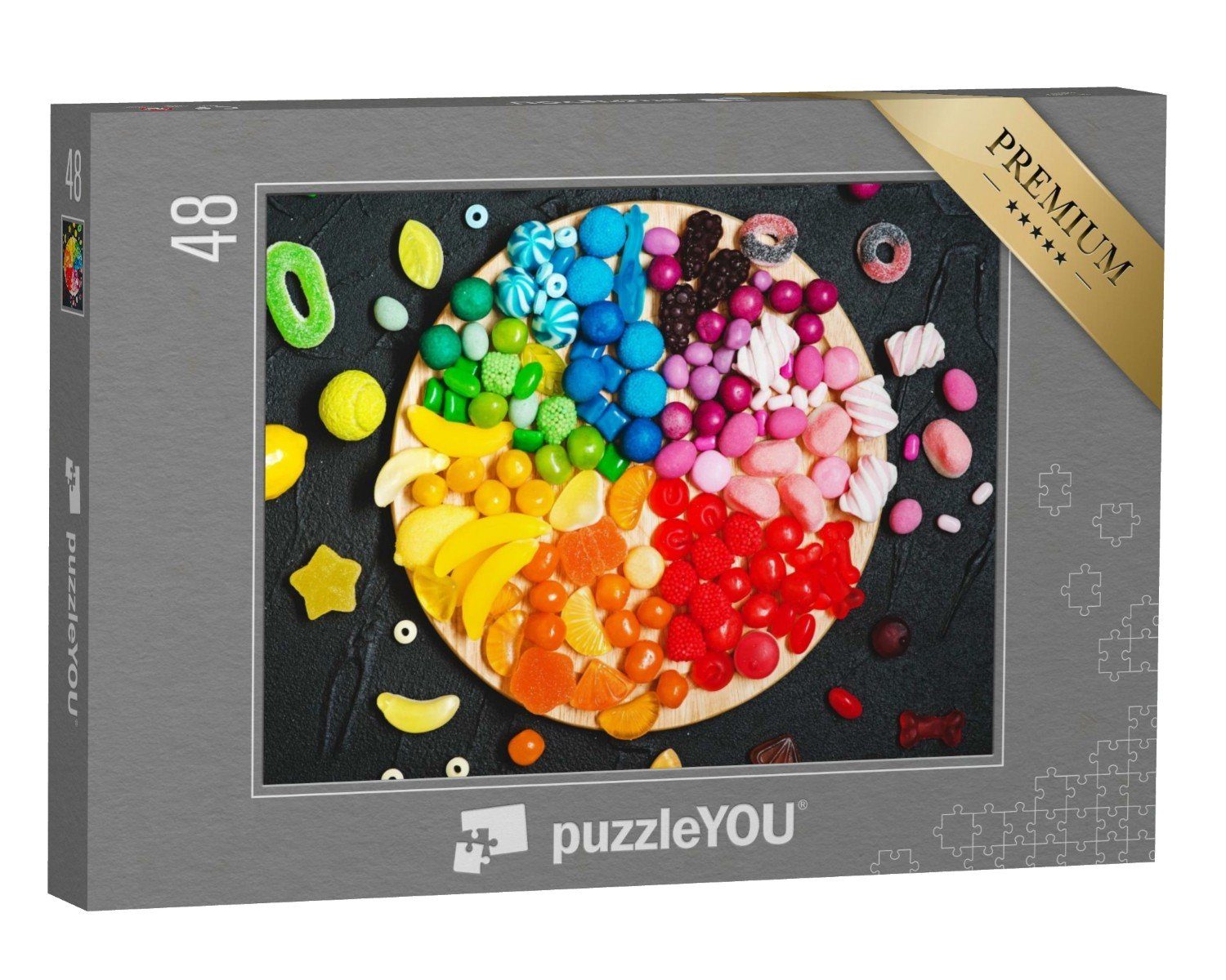 puzzleYOU Puzzle Süßigkeiten, sortiert in Regenbogenfarben, 48 Puzzleteile, puzzleYOU-Kollektionen 48 Teile, Süßigkeiten, Essen und Trinken