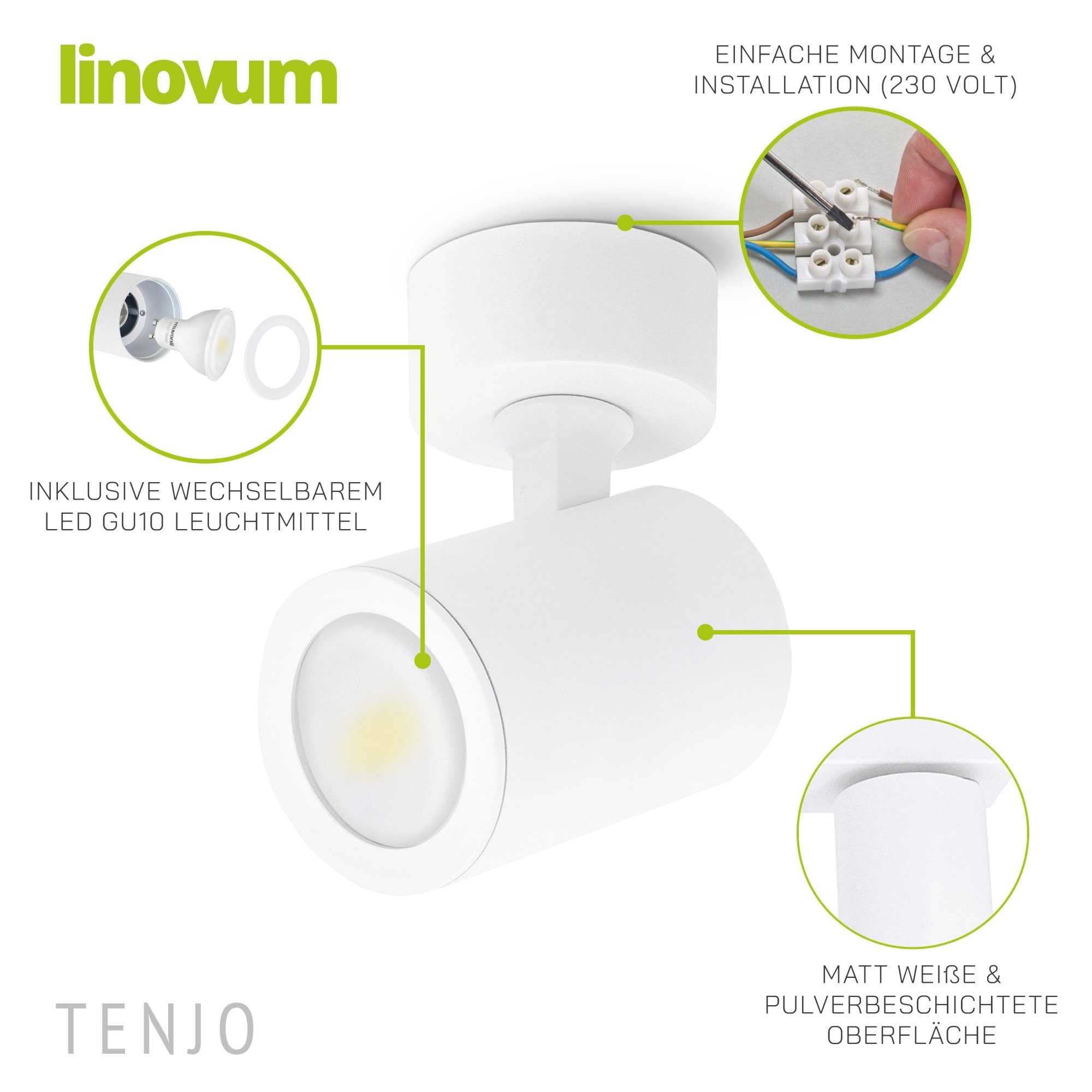 Aufbaustrahler Leuchtmittel GU10, & Smart drehbar inklusive 1-flammig weiss LED TENJO inklusive, Deckenspot schwenkbar Leuchtmittel linovum