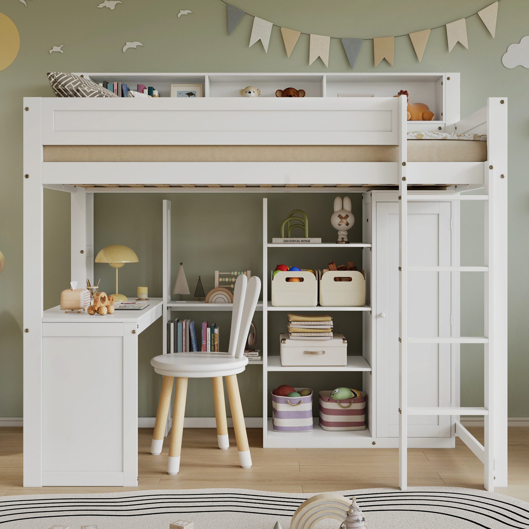 Flieks Hochbett Etagenbett Kinderbett 90x200cm mit Schreibtisch und Kleiderschrank