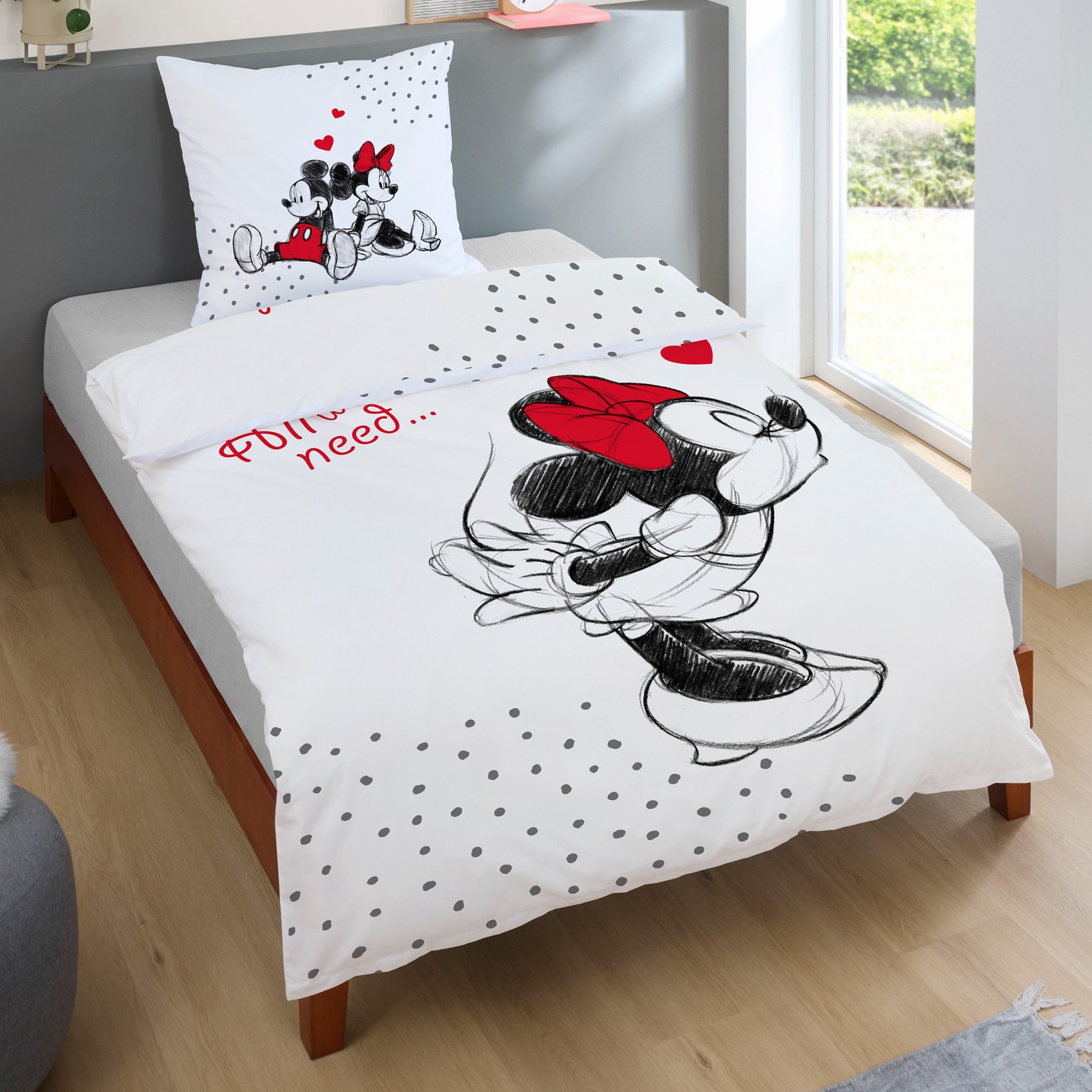 Familando Partnerbettwäsche Mickey & Minnie Mouse 2-teilig 135x200 80x80 cm aus 100% Baumwolle, Renforcé, 2 teilig, mit Liebesspruch über zwei Seiten