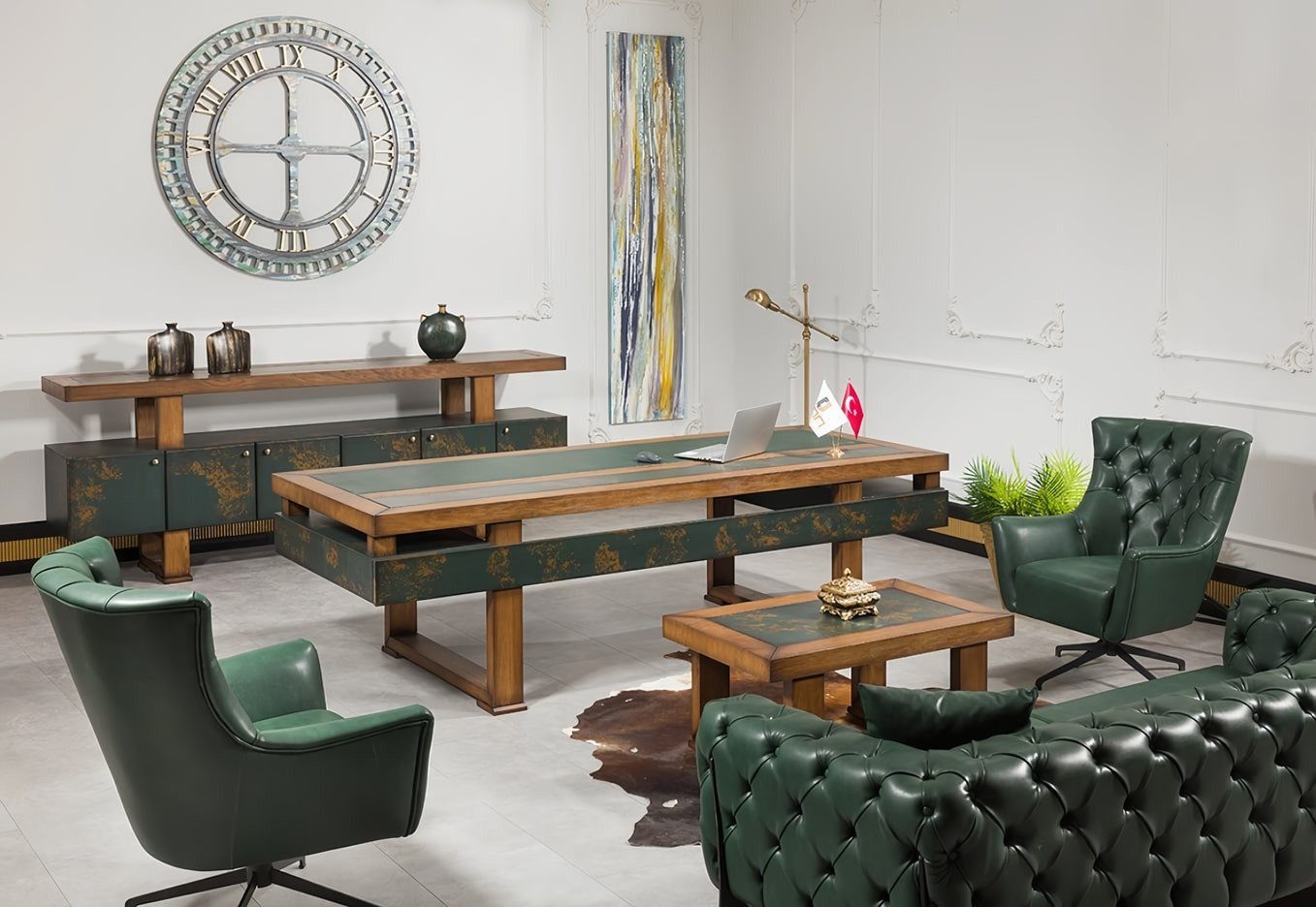 JVmoebel Polstergarnitur Designer Möbel Set in Grün aus Leder und Holz für das Büro, (6-tlg., Sofa 3 Sitzer, 2x Sessel, Couchtisch, Sideboard, Schreibtisch), Made in Europa