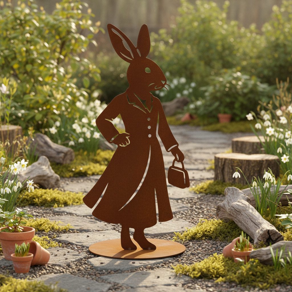 Rostikal Osterhase Hasenfiguren Osterdeko aus Edelrost für innen und außen (Einzelartikel – Hasendame, Einzelartikel - Hasenmann, Set - Hasendame und Hasenmann), Handgefertigte Hasendeko mit Charakter für Wohnraum und Garten