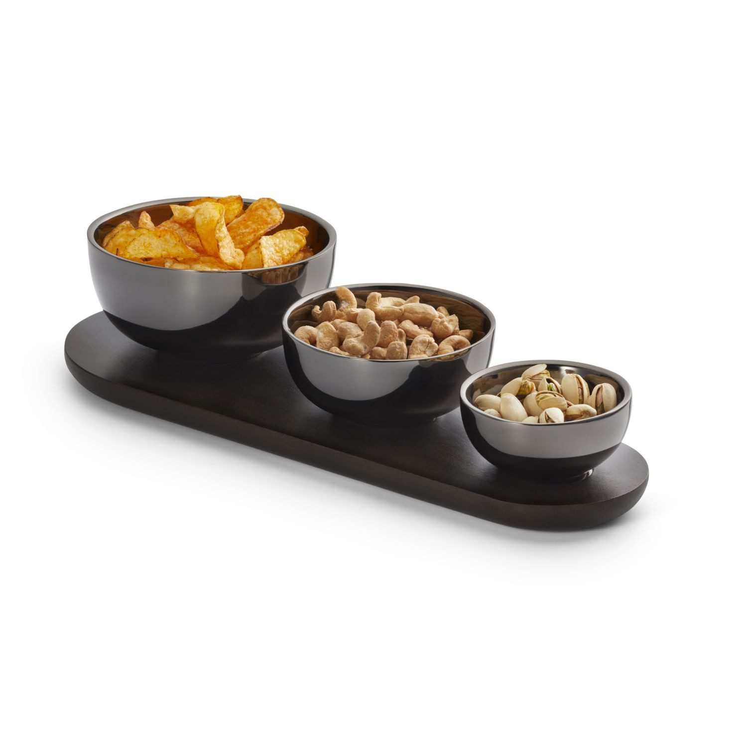 Philippi Design Schale Trio Set mit Holztablett, Edelstahl, Mangoholz