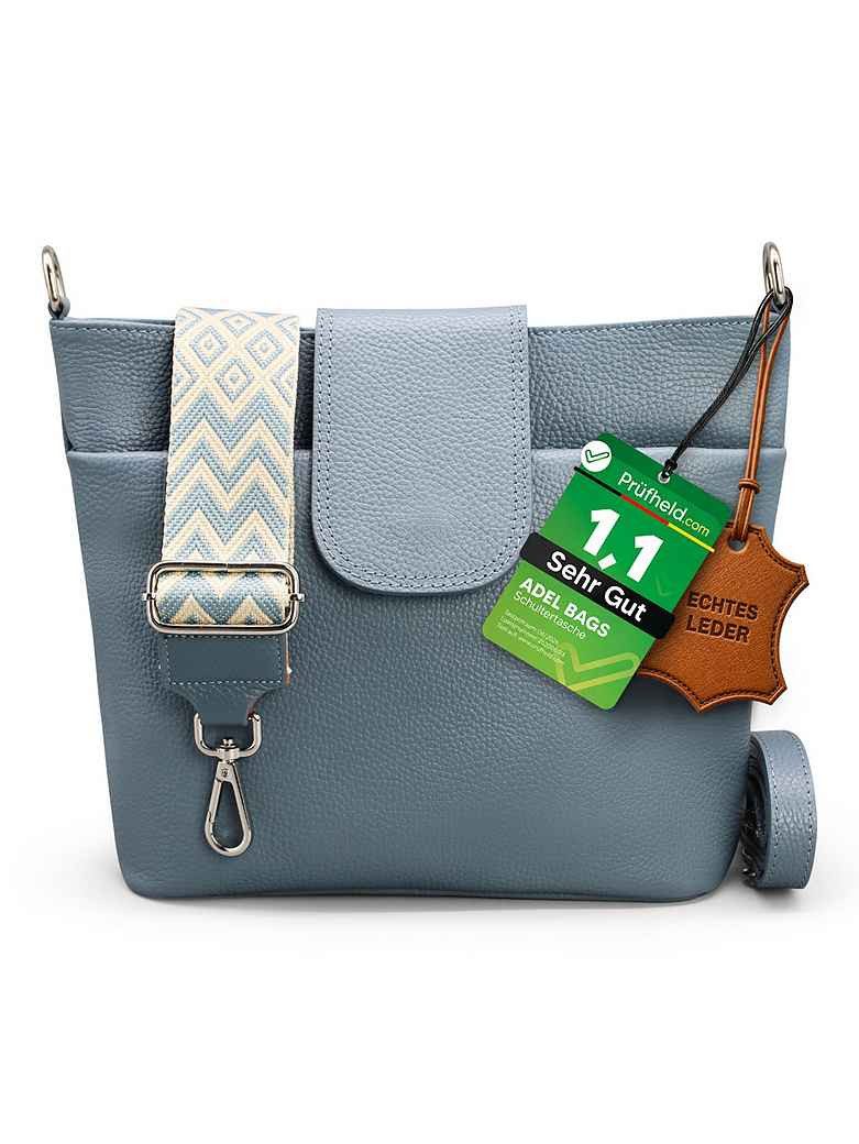 Adel Bags Schultertasche SARA Umhängetasche Damen Jeansblau aus Echtleder Crossbody (Test SEHR GUT, Note 1.1), 20 Farboptionen, Hergestellt in Italien, mit 2 Riemen