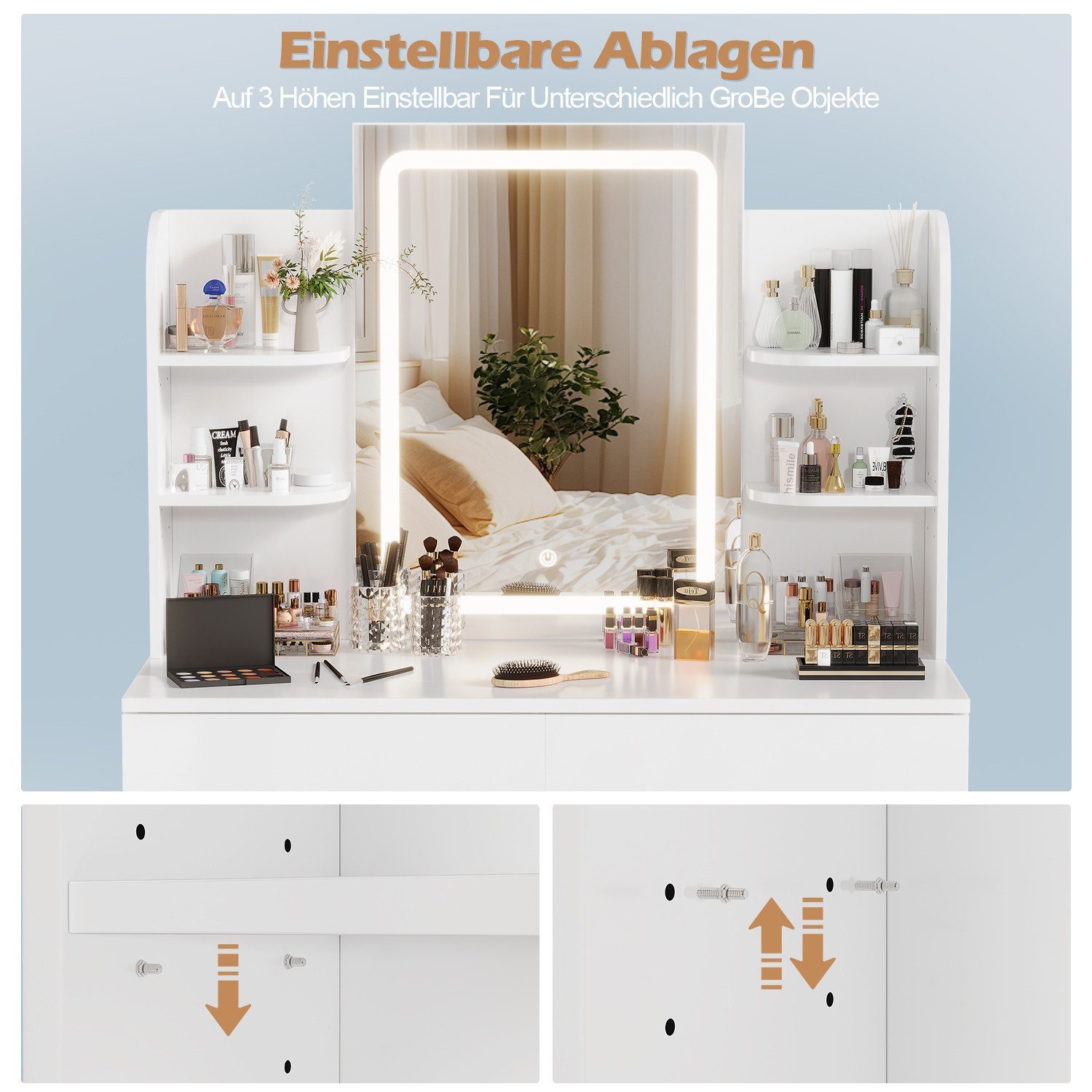 HOMALL Schminktisch mit Spiegel, LED-Beleuchtung, einstellbare Helligkeit, ostern (Langex Brete x Hthe) 90/110 x 40x 135 cm. B ofene Facher (2 seitiche Facher sind nach inks und rechts verschiebban. 2 groBe Schubladen)