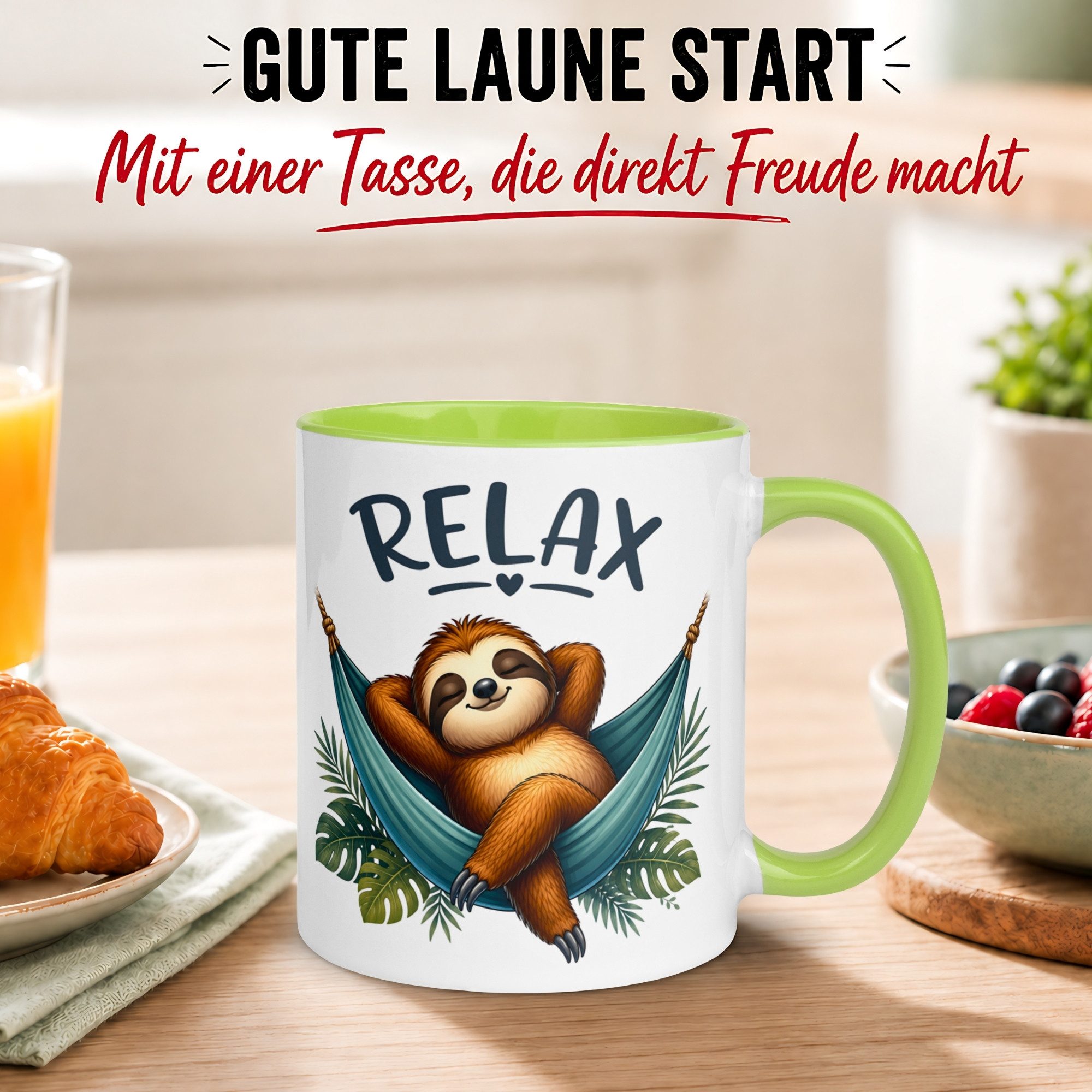 Momentals Tasse Faultier – „RELAX“ – lustiger Anti Stress Geschenk Becher Meditation, Gratis Versand · Links-&Rechtshänder · Spülmaschinenfest