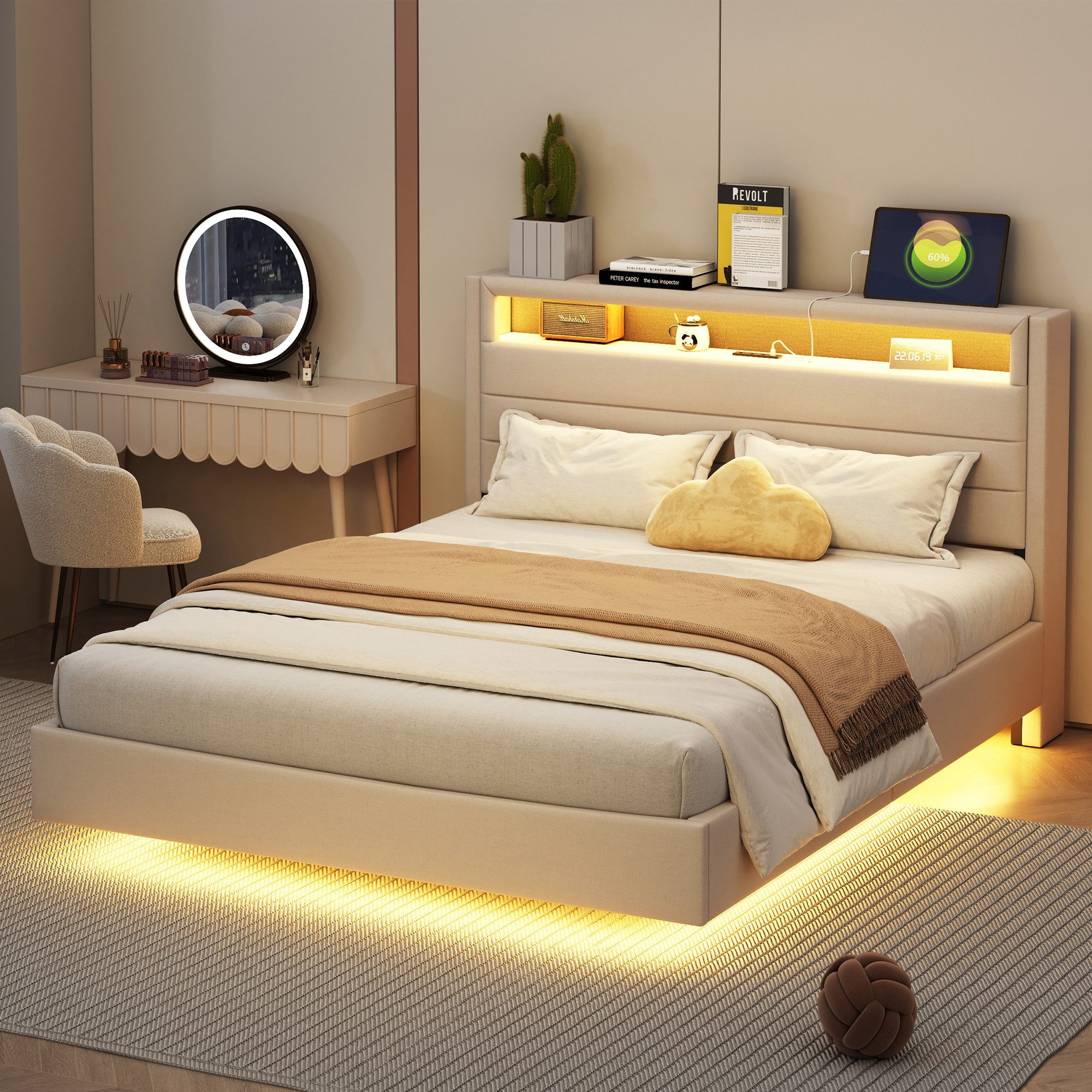 Flieks Polsterbett, LED Doppelbett 140x200cm mit USB-Laden und Stauraum am Kopfteil Leinen
