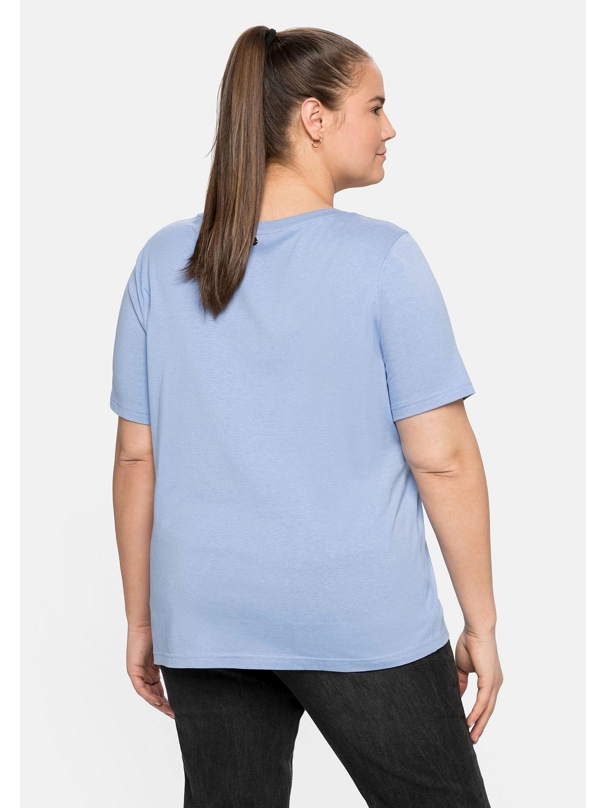 Sheego T-Shirt Große Größen schimmerndem und Glitzersteinen mit Frontdruck