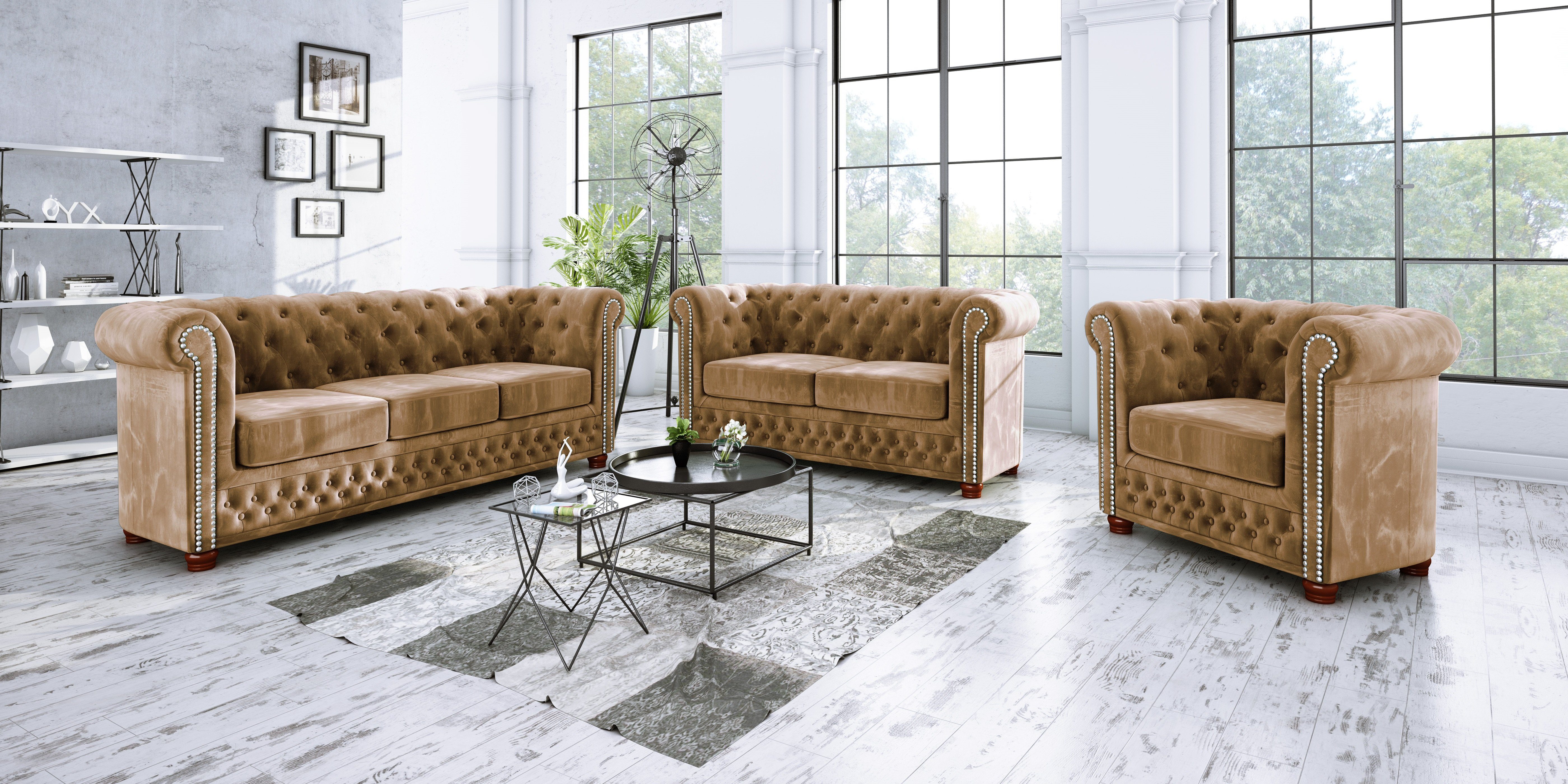 S-Style Möbel Polstergarnitur Chesterfield Leeds 3+2+1, (1x 3-Sitzer-Sofa, 1x 2-Sitzer-Sofa, 1x Sessel), mit Wellenfederung