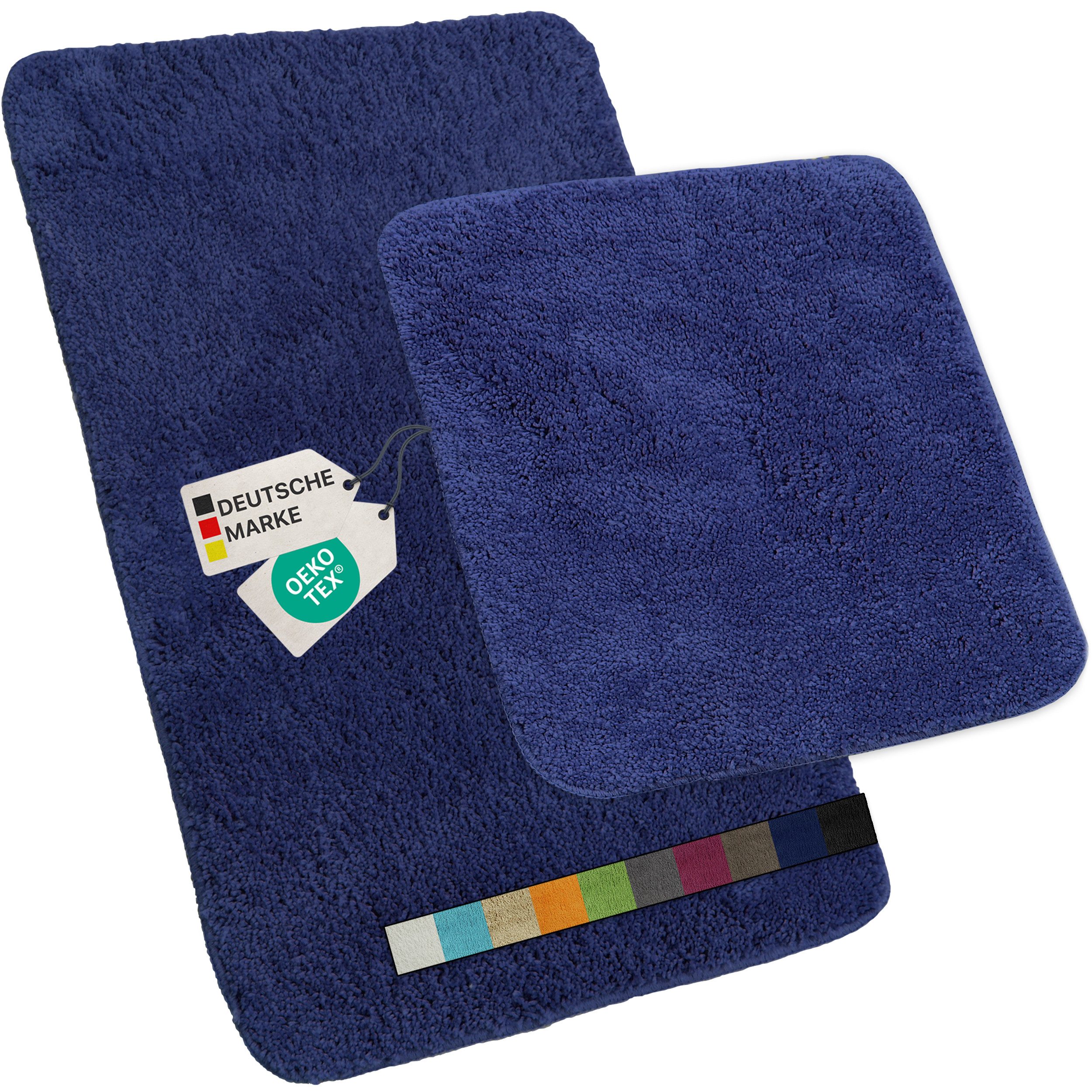 NYVI Badematte Badematten Set 2 teilig NYVISpa Lasalle Blau Badezimmerteppich Set, Höhe 20 mm, Polyester, Badematte 50x80cm + WC Vorleger ohne Ausschnitt, Rutschfest & Waschbar
