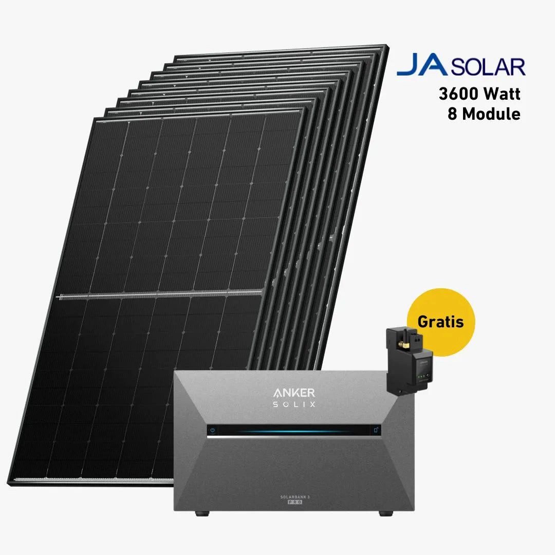 Balkonstrom Balkonkraftwerk 3600W mit Speicher, Anker 3 Pro, Komplettset, Bifazial, Premium, 3600 W, Monokristallin, (Anker SOLIX Solarbank 3 E2700 PRO Stromspeicher), Made in Germany Kabel