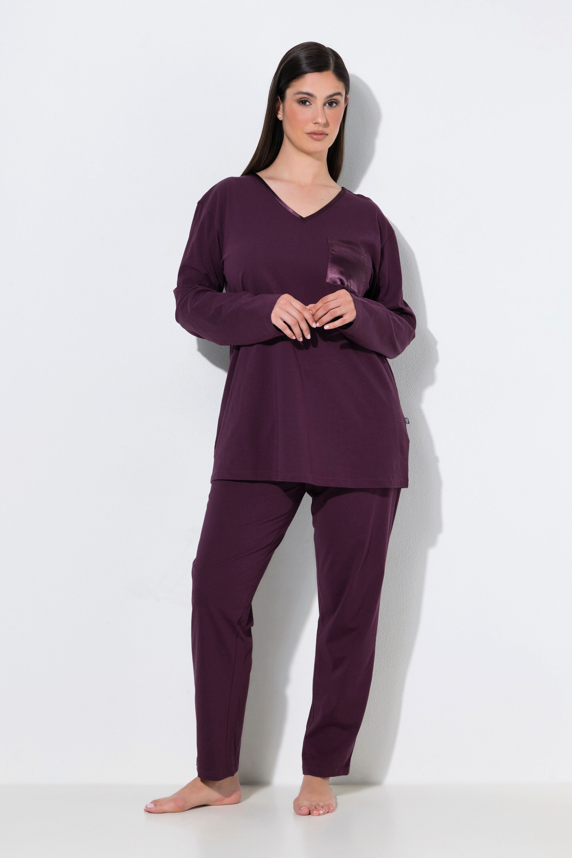 Ulla Popken Pyjama Pyjama Satin-Brusttasche V-Ausschnitt Langarm