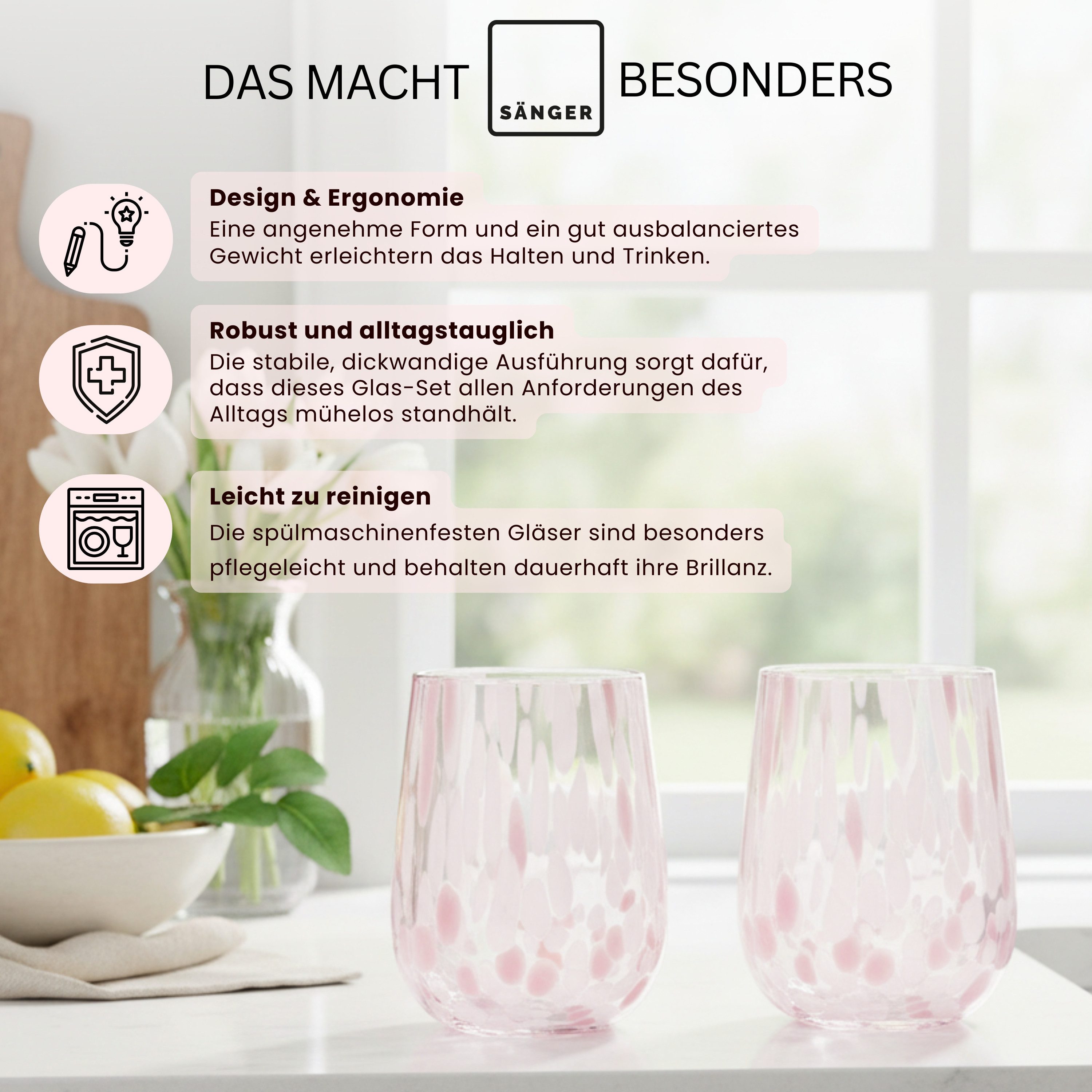 SÄNGER Gläser-Set Curacao, 4-tlg., Glas, 4x Trinkgläser Curacao mit Punkten, Füllmenge 320ml, Weiß Rosa