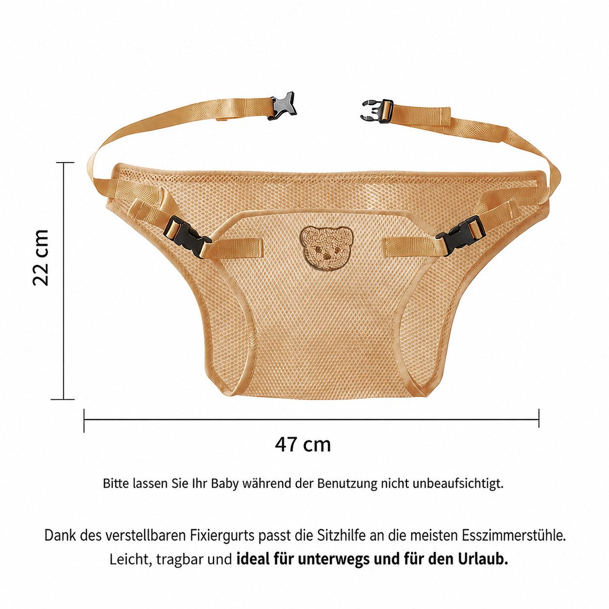 ILOKEN Baby-Sitzhilfe für Stühle, Universal, verstellbar, tragbar, beige Kinder-Sicherheitsgurt, Inklusive Aufbewahrungstasche – ideal für Urlaub und unterwegs