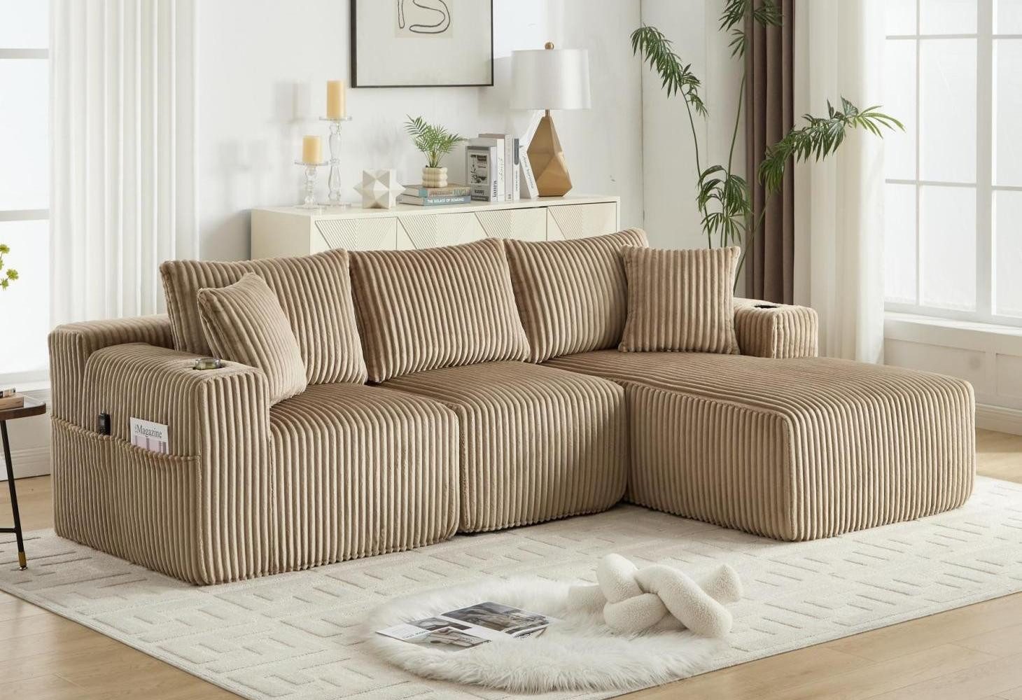 LVHOM Loungesofa mit Liegesessel und Doppelsitz, 5 Kissen(abnehmbar und waschbar), Modulares Sofa mit Seitentaschen und Getränkehaltern, Hochdichter Schaumstoff, Cordstoff, DIY-Design, für Wohnzimmer/Arbetszimmer/Schlafzimmer