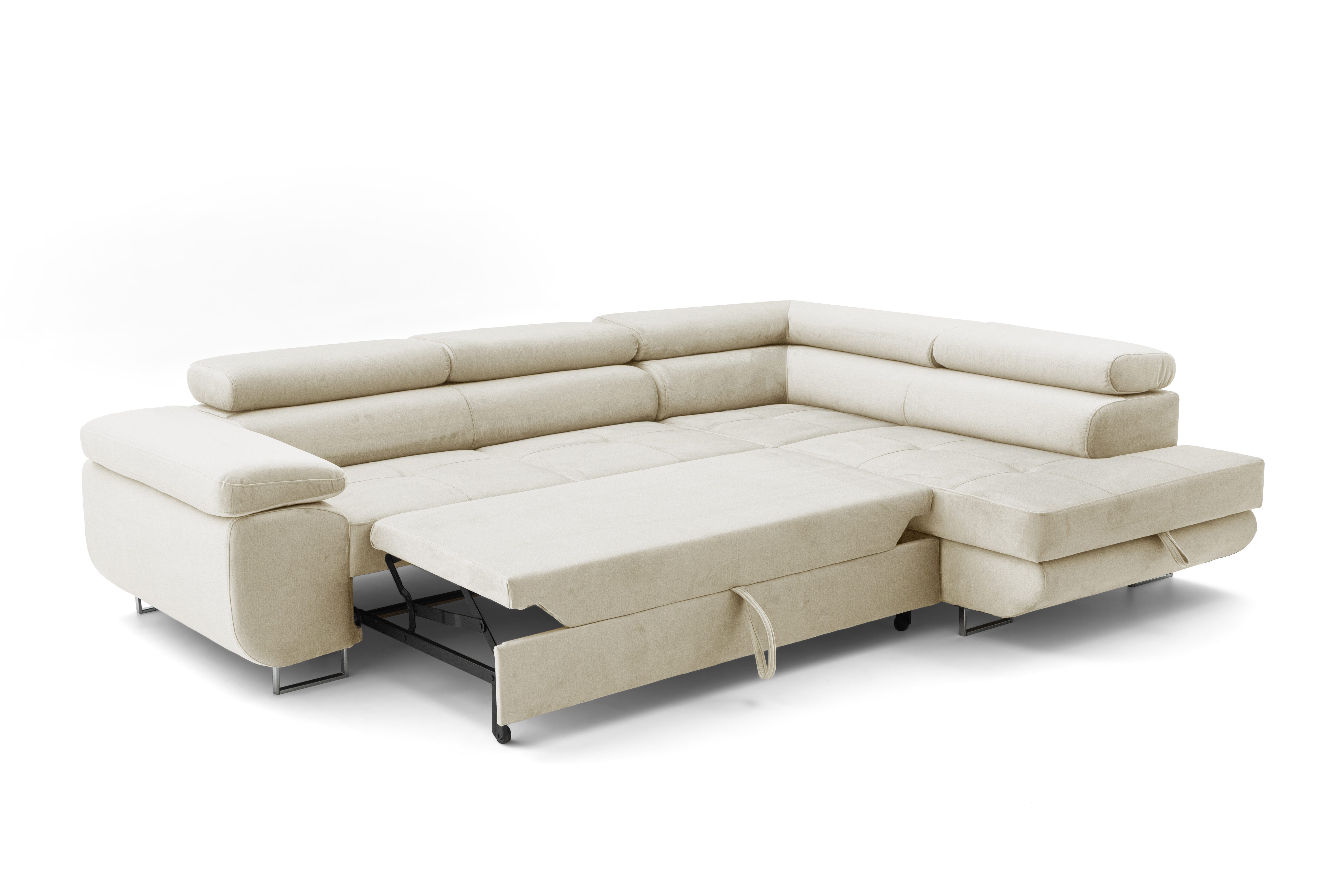 Muffo Ecksofa Wild Ecksofa mit Schlaffunktion, Verstellbare Kopfstützen, Schlaffunktion mit Bettkasten