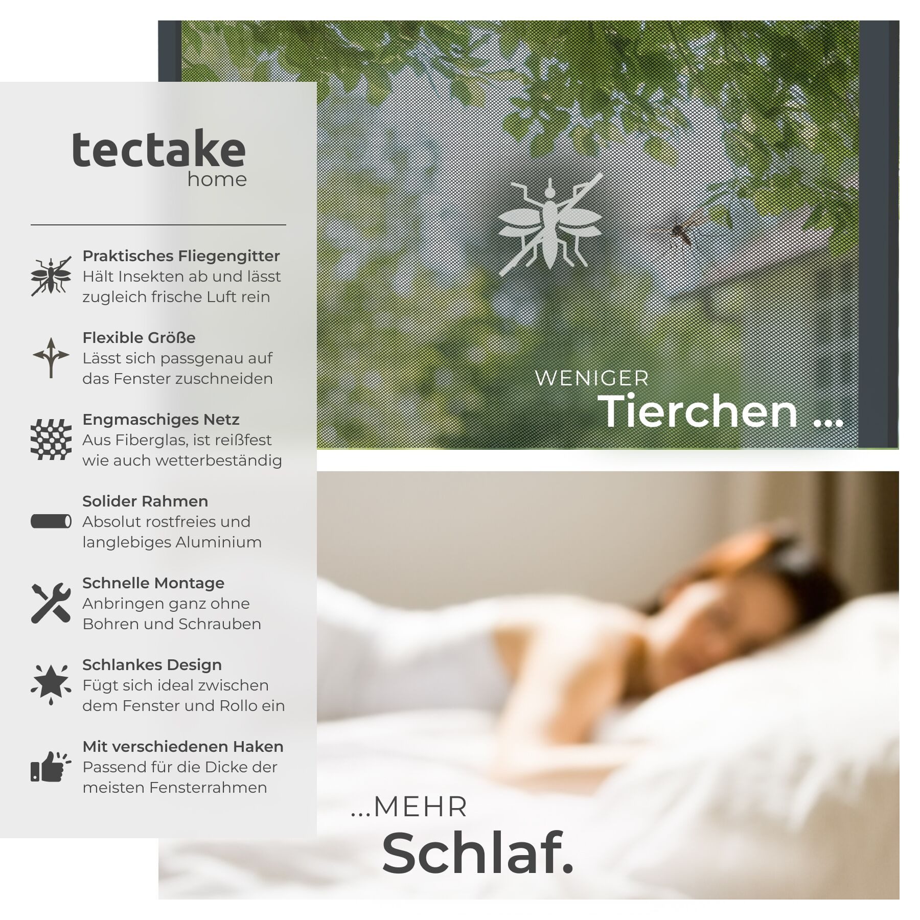 tectake Insektenschutz-Fensterrahmen Fliegengitter mit Aluminiumrahmen ohne Bohren und Schrauben, (Mückenschutz, für Fenster in anthrazit), wetter- und UV-beständig, kürzbar, licht- und luftdurchlässig