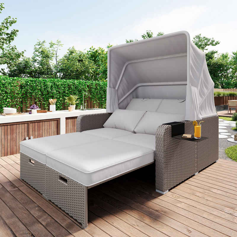 SOFTWEARY Sonneninsel Polyrattan Loungebett mit Faltdach und Beistelltisch, Rattan Loungeset für Garten, Garnitur Set