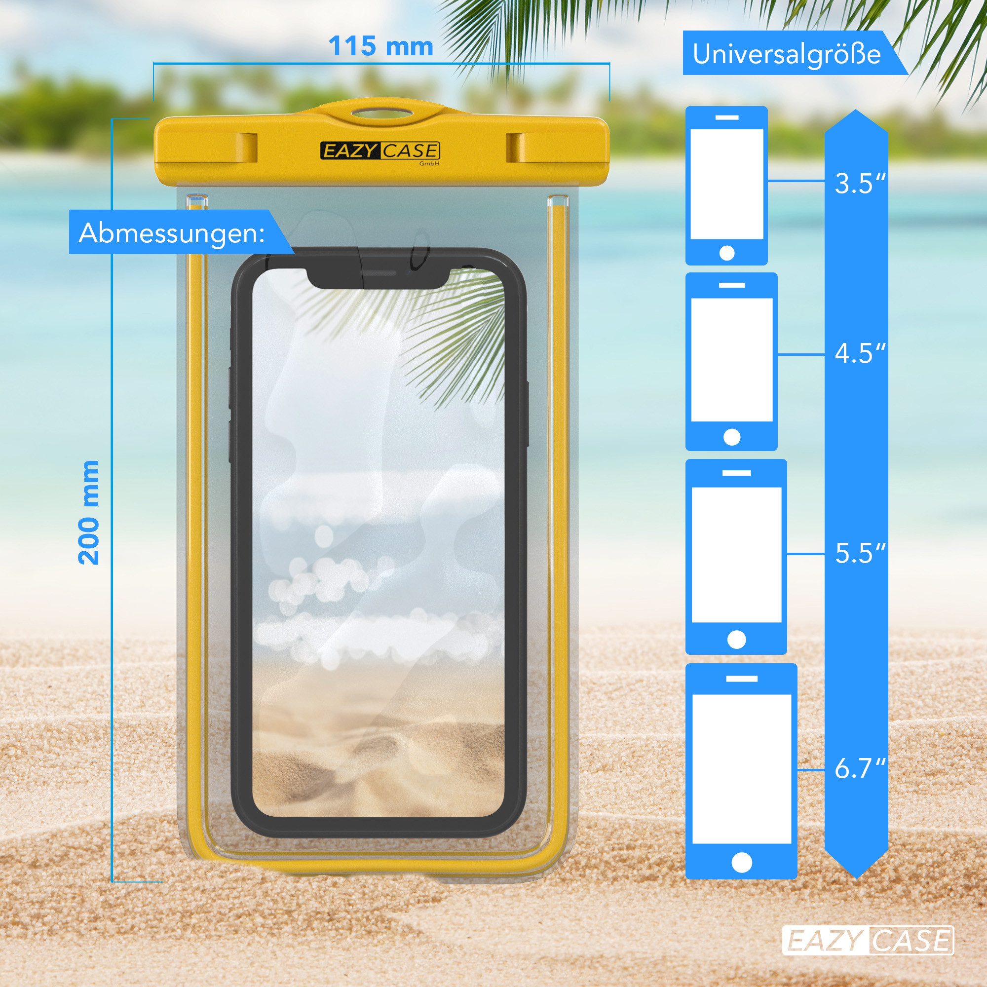 EAZY CASE Handyhülle Universale Unterwasser-Tasche für viele Modelle 3,5 - 6,7 Zoll, wasserdichte Handytasche Unterwasser Fotos Tauchen Schutz Gelb Dunkel