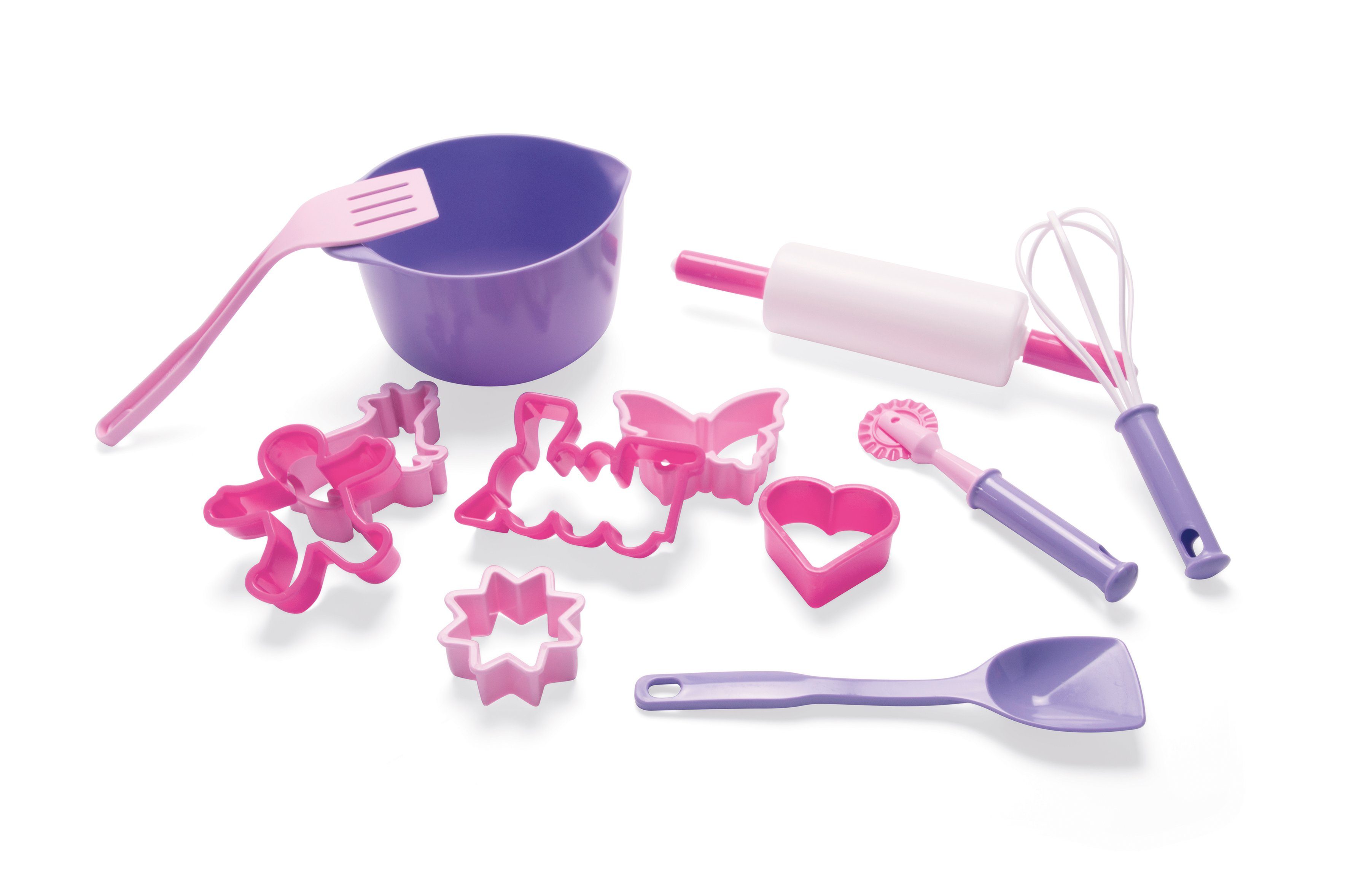 dantoy Spielgeschirr Kinder Spielzeug Back-Set Backset, (Backspielzeug-Set, 12-tlg., Schale Schneebesen Teigroller Nudelholz Kochlöffel Wender Förmchen), für drinnen und draußen (Sandkasten) geeignet