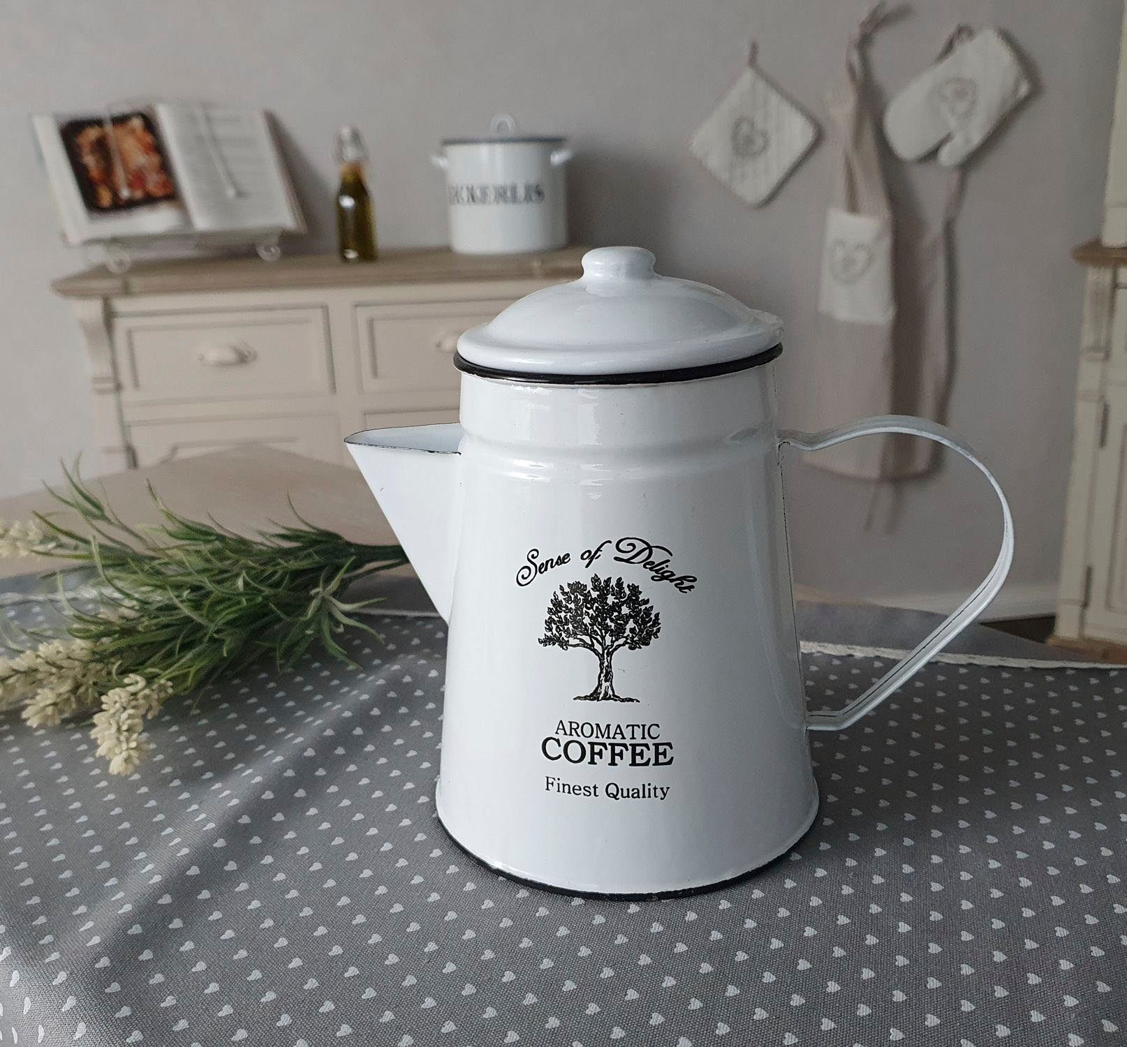 Ambiente Haus Kanne Kaffeekanne Kanne Dekorative Emaille in aus Antikweiß