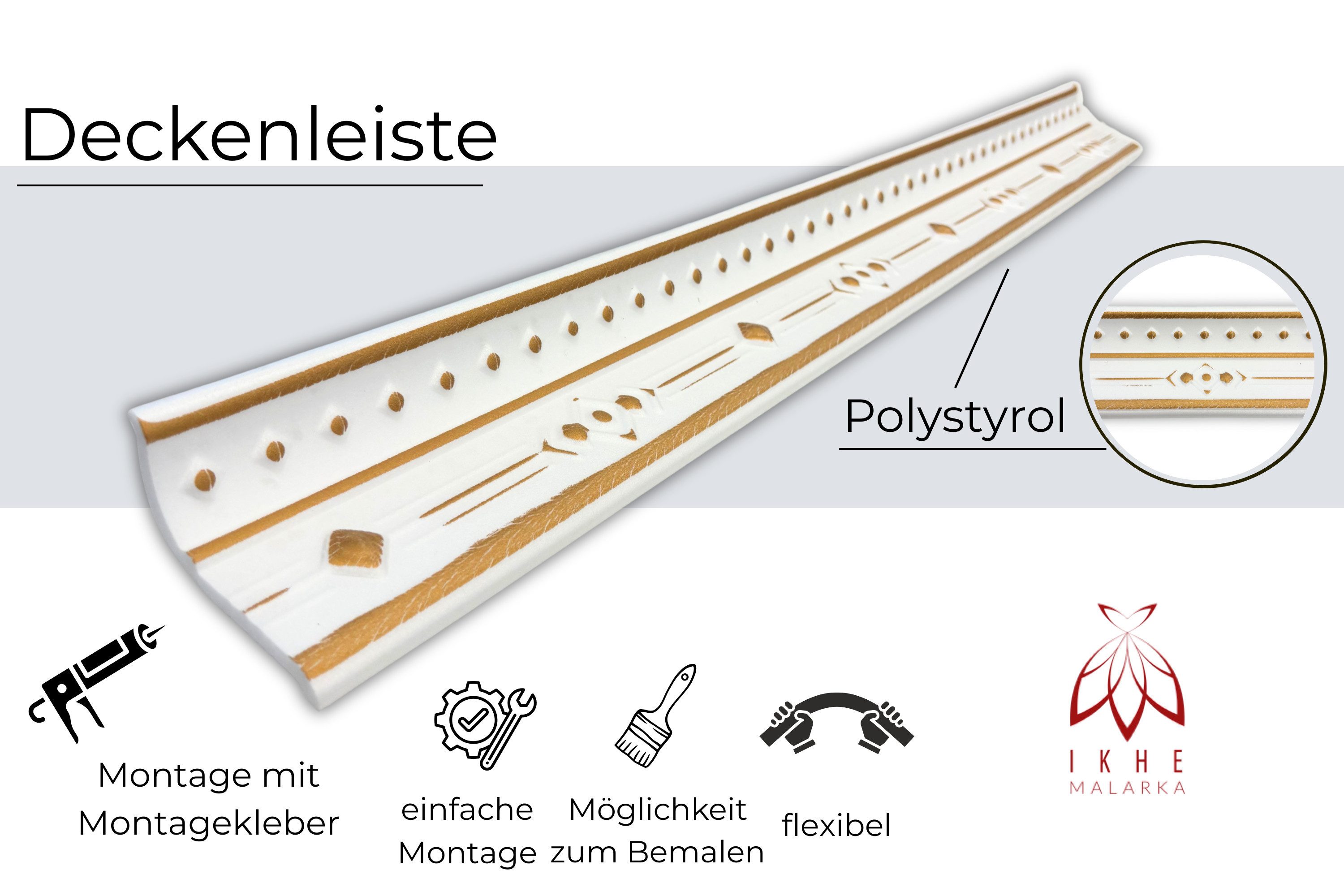 IKHEMalarka Deckenleiste Stuckleisten aus XPS Polystyrol – weiße Zierleisten 1 Meter, Kleben Montagekleber (z. B. Pattex DK Flex 1000), 1 Stück = 1 Meter Länge, – Bild 5 von 5