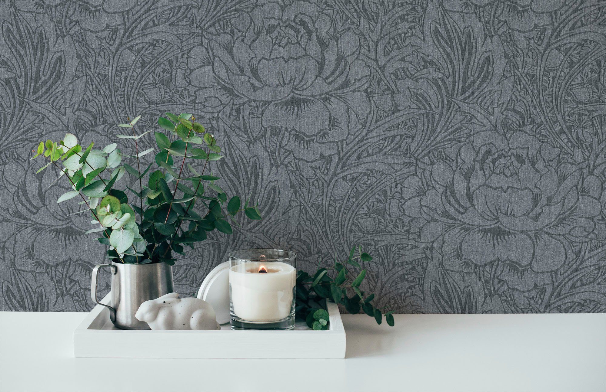 Florale living grau/grau Tapete floral, Blumen Hari, Mata strukturiert, Vliestapete geblümt, natürlich, walls