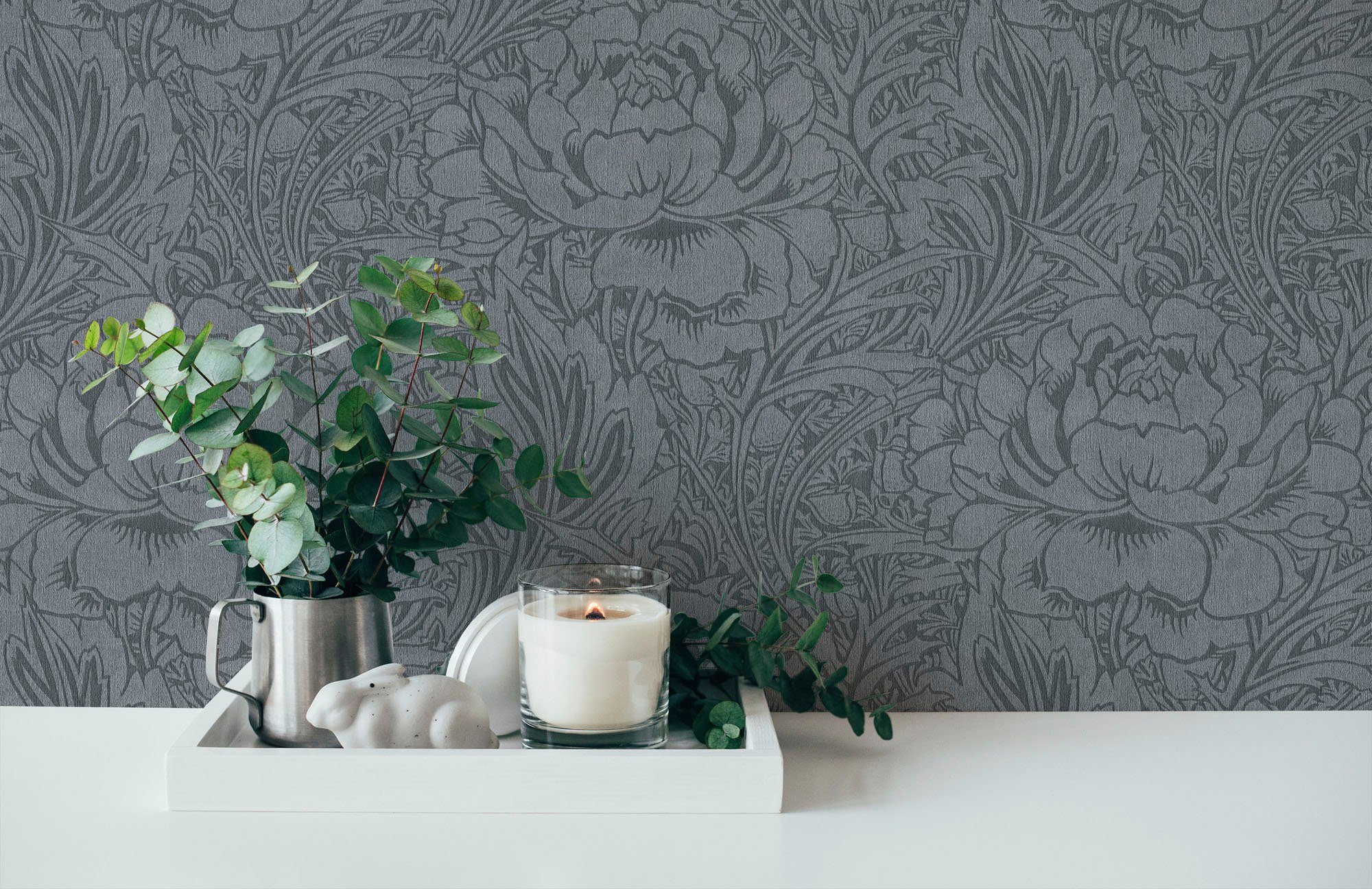 grau/grau living floral, Mata Vliestapete Blumen natürlich, Florale geblümt, walls Tapete Hari, strukturiert,