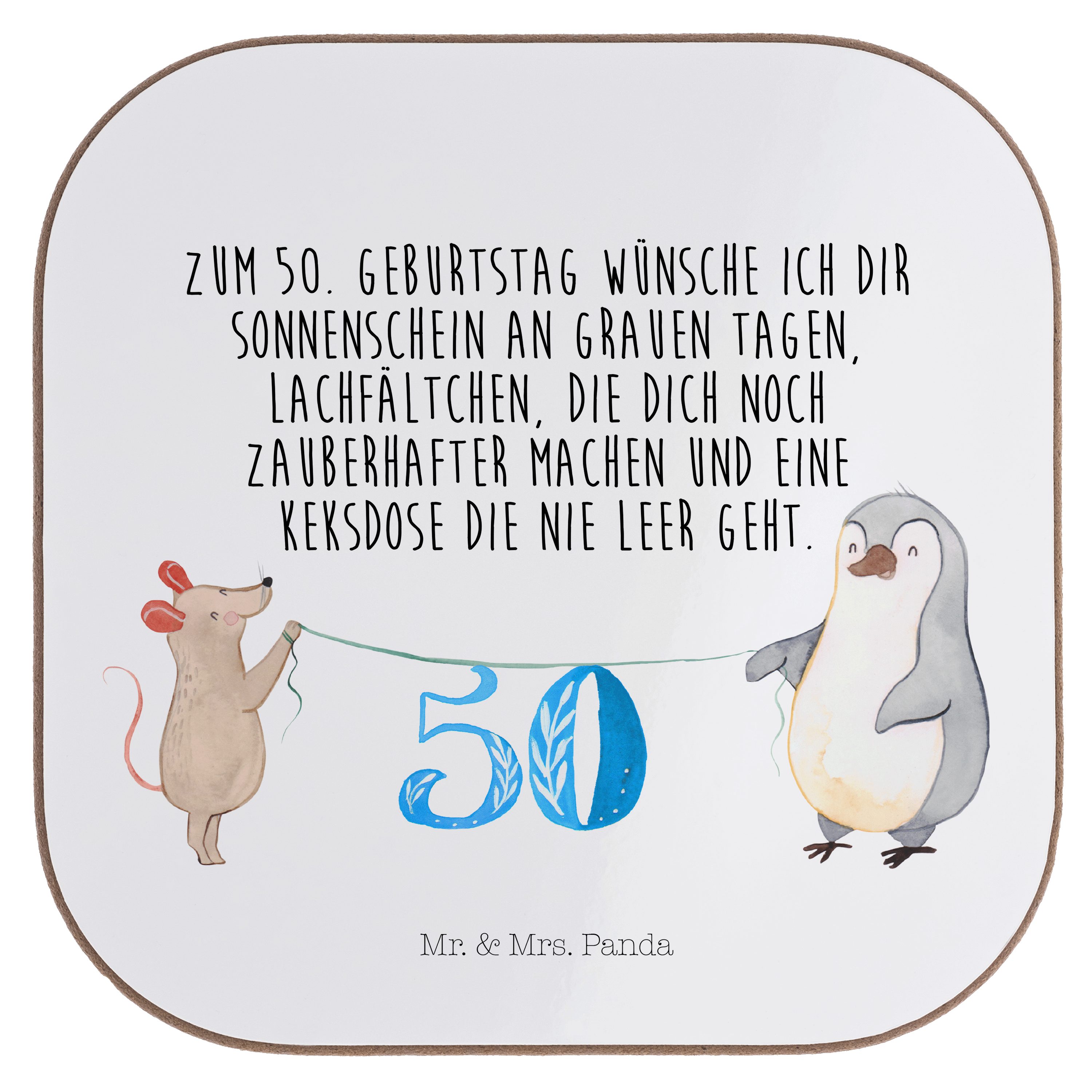 Mr. & Mrs. Panda Getränkeuntersetzer 50. Geburtstag Maus Pinguin - Weiß - Geschenk, Bierdeckel, Geburtstag, 1-tlg.