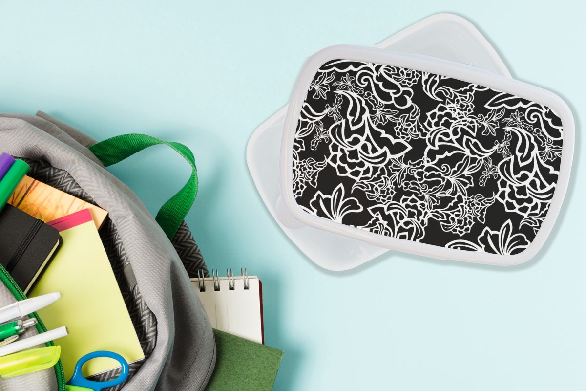 MuchoWow Lunchbox Muster - (2-tlg), und Weiß, Jungs Kunststoff, Brotdose, und und Kinder - Erwachsene, für Schwarz Mädchen Brotbox Blume für