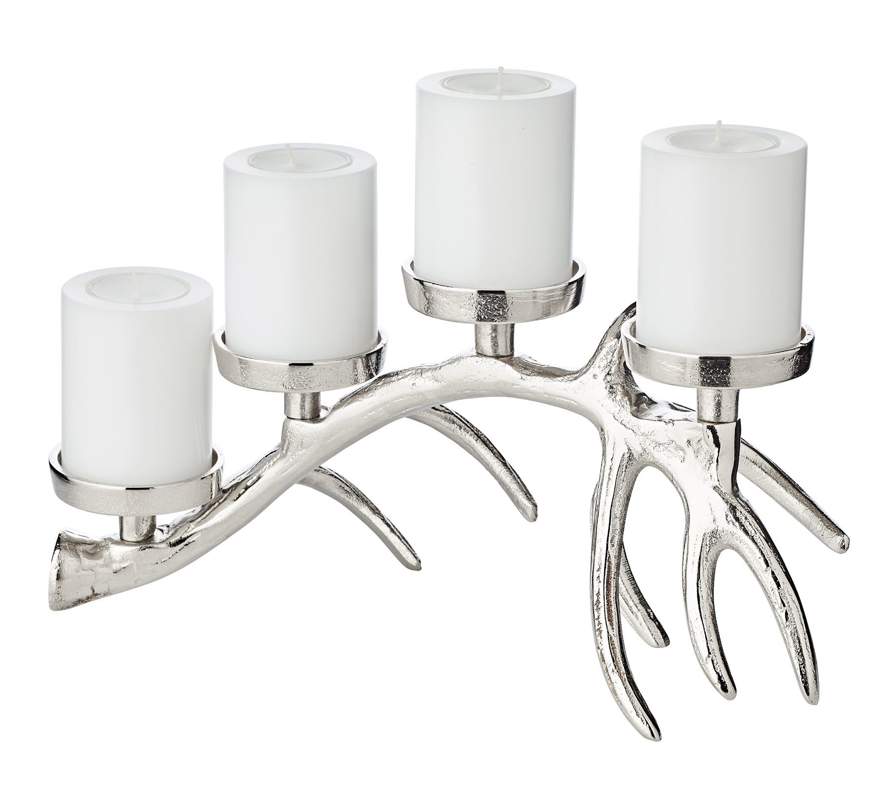 EDZARD Kerzenständer Hugo, Kerzenleuchter Geweih-Design, mit Aluminium für Kerzenkranz Stumpenkerzen, 13 Höhe aus Adventskranz cm Silber-Optik