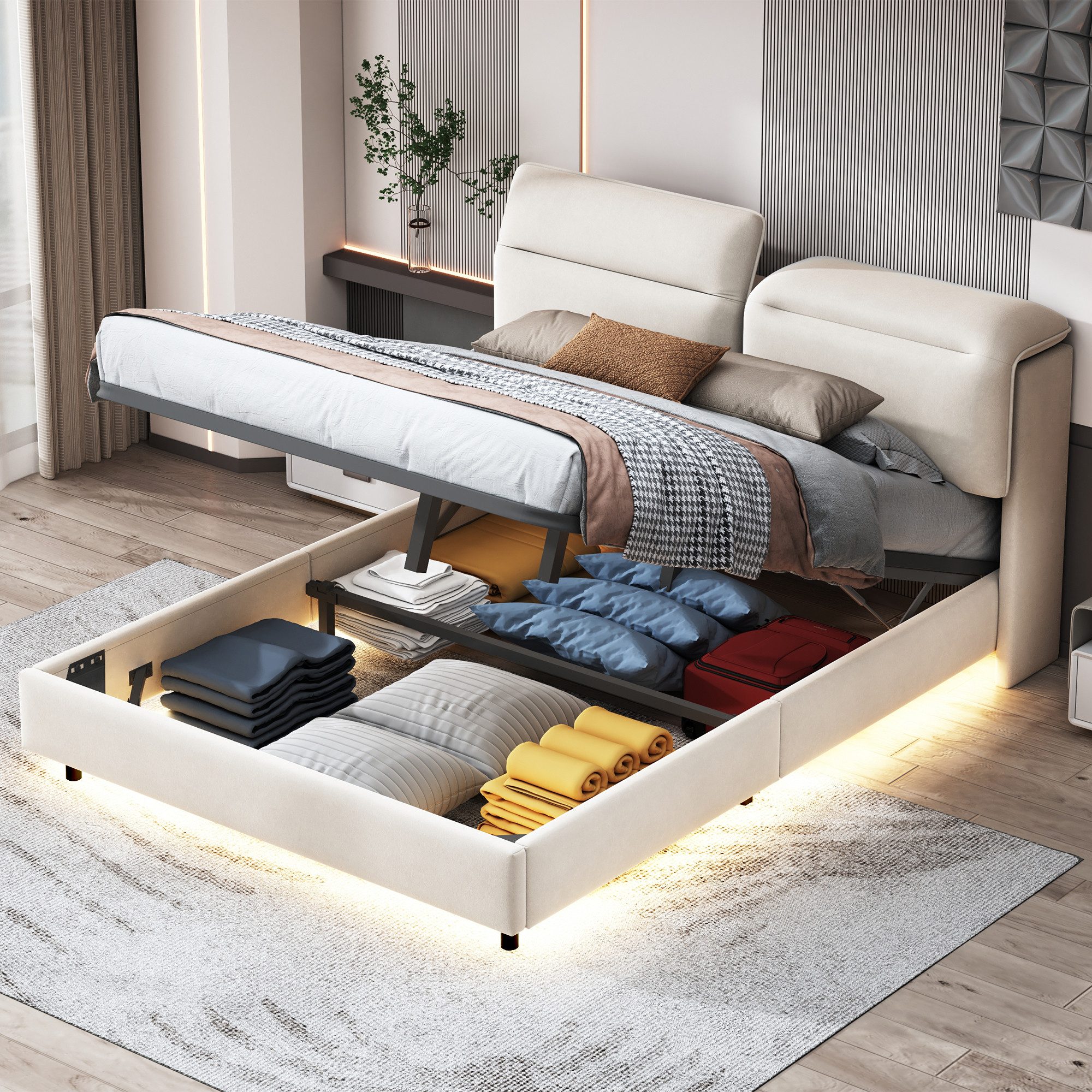 FUROKOY Stauraumbett Polsterbett Doppelbett mit LED-Beleuchtung günstig online kaufen