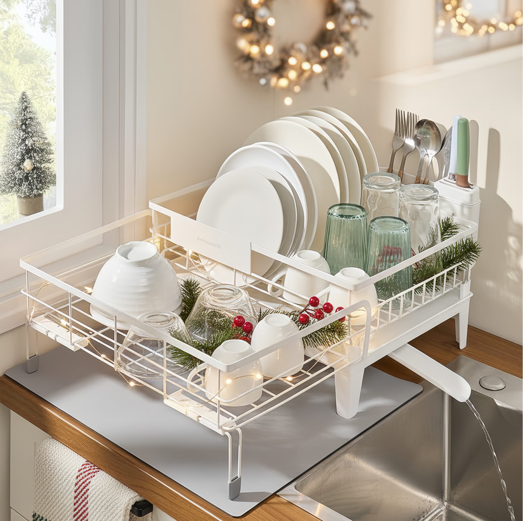 SONGMICS Geschirrständer Abtropfgestell, Abtropfgestell Geschirr, 360° drehbarer und ausziehbarer Ablauf