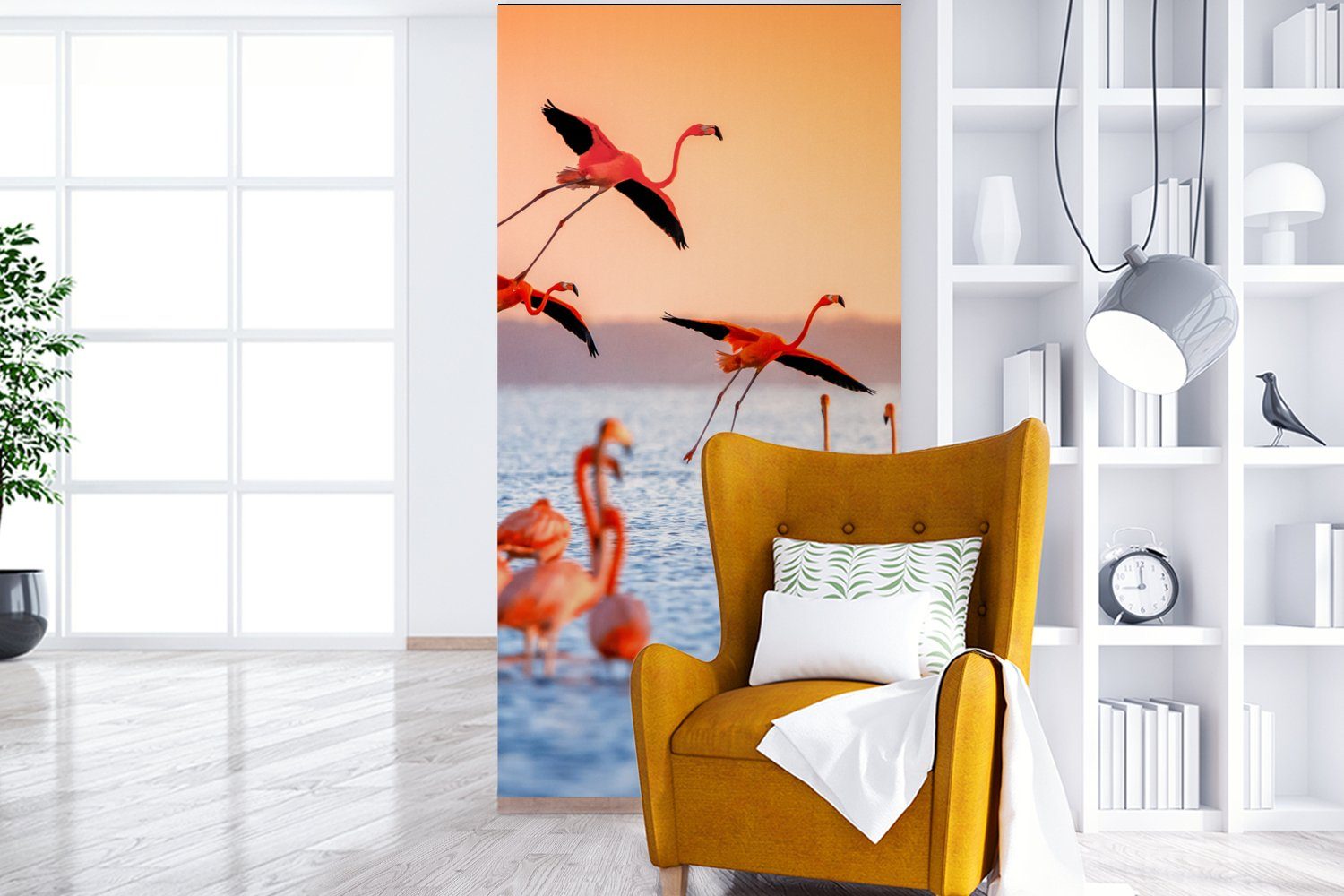 Matt, Wohnzimmer (2 Fototapete Rosa, Vliestapete Sonnenuntergang Küche, Fototapete - - St), - Wasser Flamingo Vogel für bedruckt, Schlafzimmer - MuchoWow