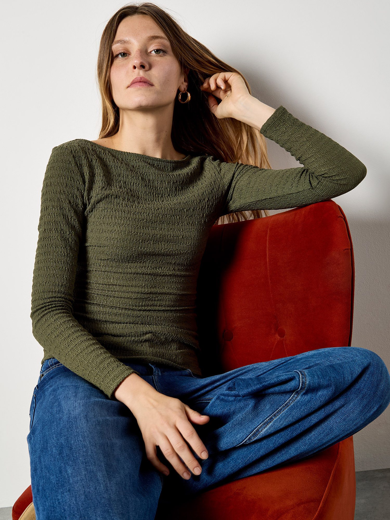 Apricot Langarmshirt Seitlich gerafftes Jersey-Oberteil Strukturierte Oberf günstig online kaufen