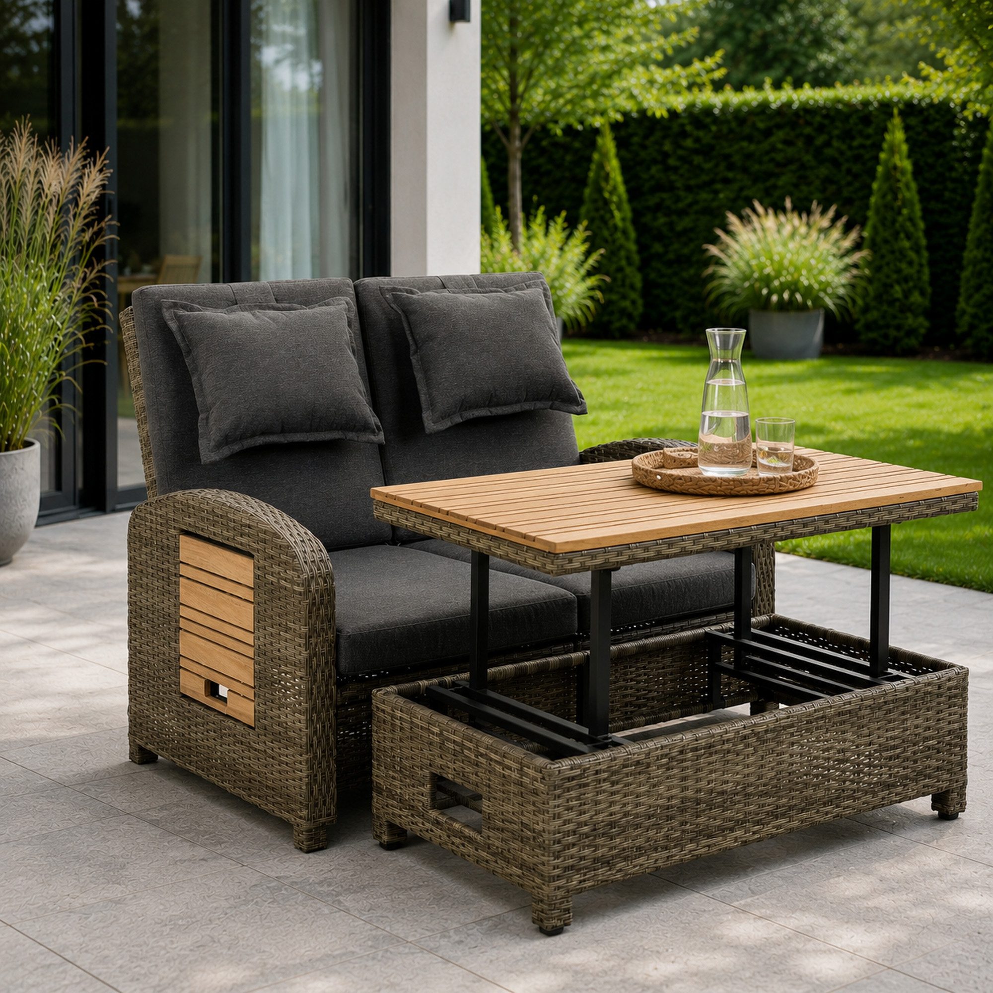 Greemotion Gartenlounge-Set Bahia Tobago 2-Sitzer Rattan grau Gartensofa mit Liegefunktion, inkl. höhenverstellbarem Tisch