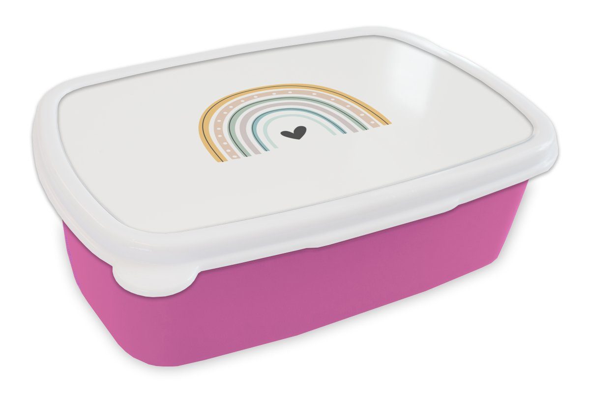 MuchoWow Lunchbox Regenbogen - Herz - Tupfen - Pastell - Kinder, Kunststoff, (2-tlg), Brotbox für Erwachsene, Brotdose Kinder, Snackbox, Mädchen, Kunststoff rosa