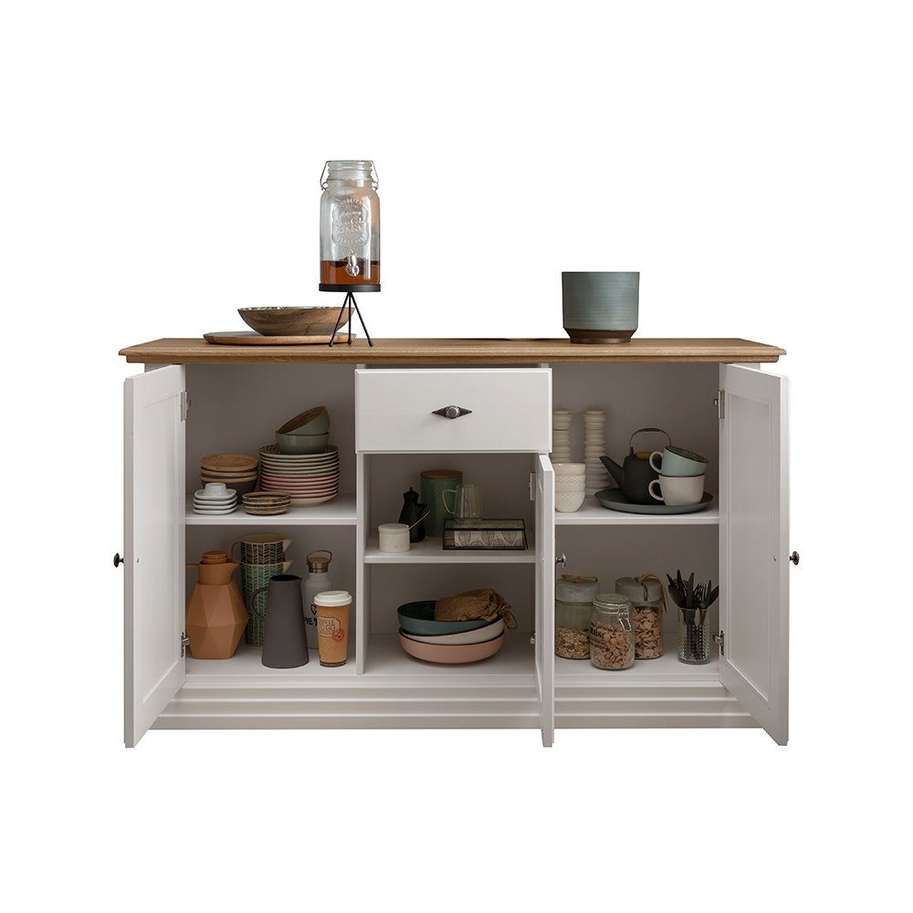 Lomadox Sideboard ESBJERG-69, Kiefer weiß lackiert mit Eiche geölt, Landhausstil